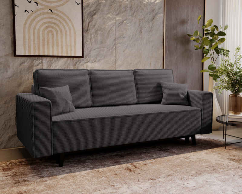 Home Collective Sofa 3-Sitzer Dreisitzer Schlafsofa, mit schwarzen Holzbeinen, und modischem Cordbezug, Grau Anthrazit