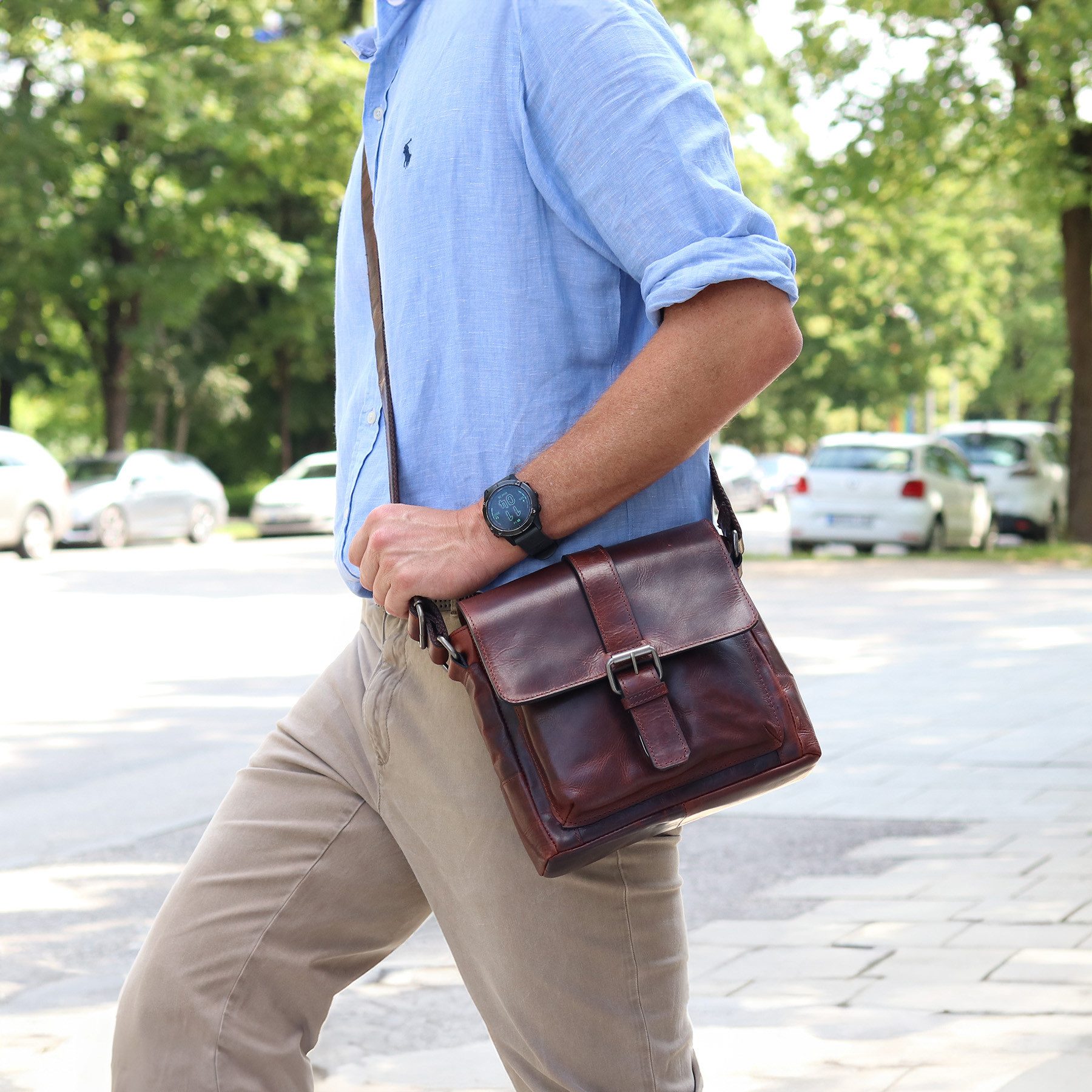 SID & VAIN Messenger Bag echt Leder Schultertasche groß braun GRAHAM, Umhängetasche echt Leder Unisex, Crossbody Bag braun