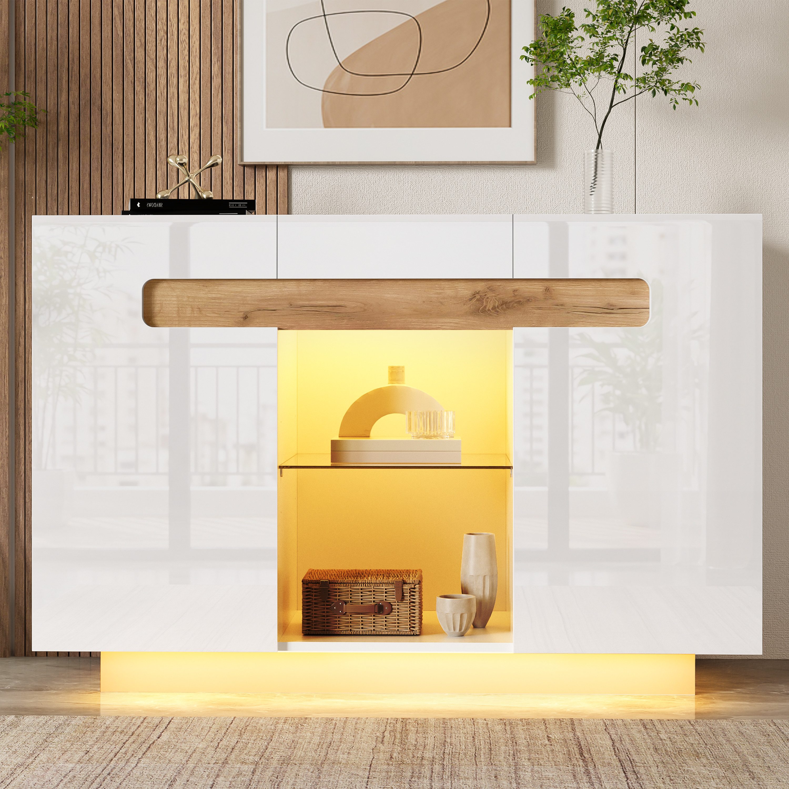 Flieks Sideboard Kommode mit LED-Beleuchtung und verstellbarer Glaseinlegeböden (1 St., 120x40x80 cm), Mehrzweckschrank Multifunktionsschrank Holzschrank Hochglanz Weiß