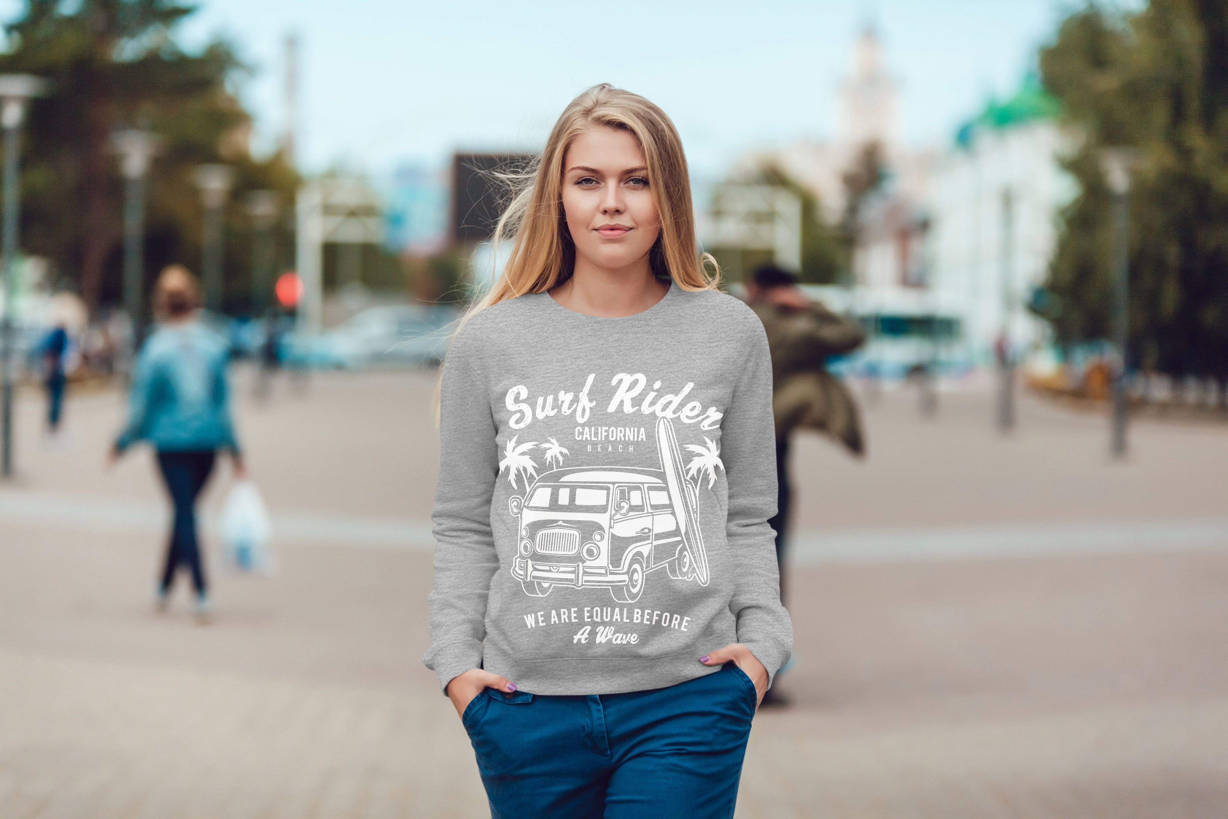 Damen Aufdruck California Sweatshirt Sweatshirt Rundhals-Pullover Bus Rider Retro Neverless grau Sweater Neverless® Pulli Surf Surfing