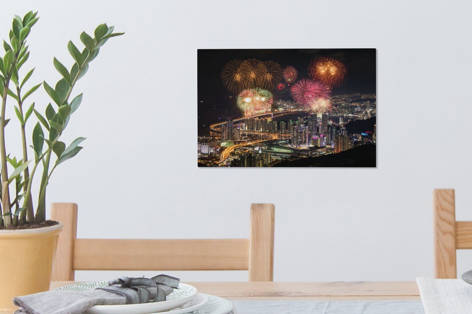 südkoreanischen Leinwandbilder, Aufhängefertig, OneMillionCanvasses® über St), Feuerwerk cm Busan, Leinwandbild Wandbild (1 30x20 Wanddeko, Stadt der