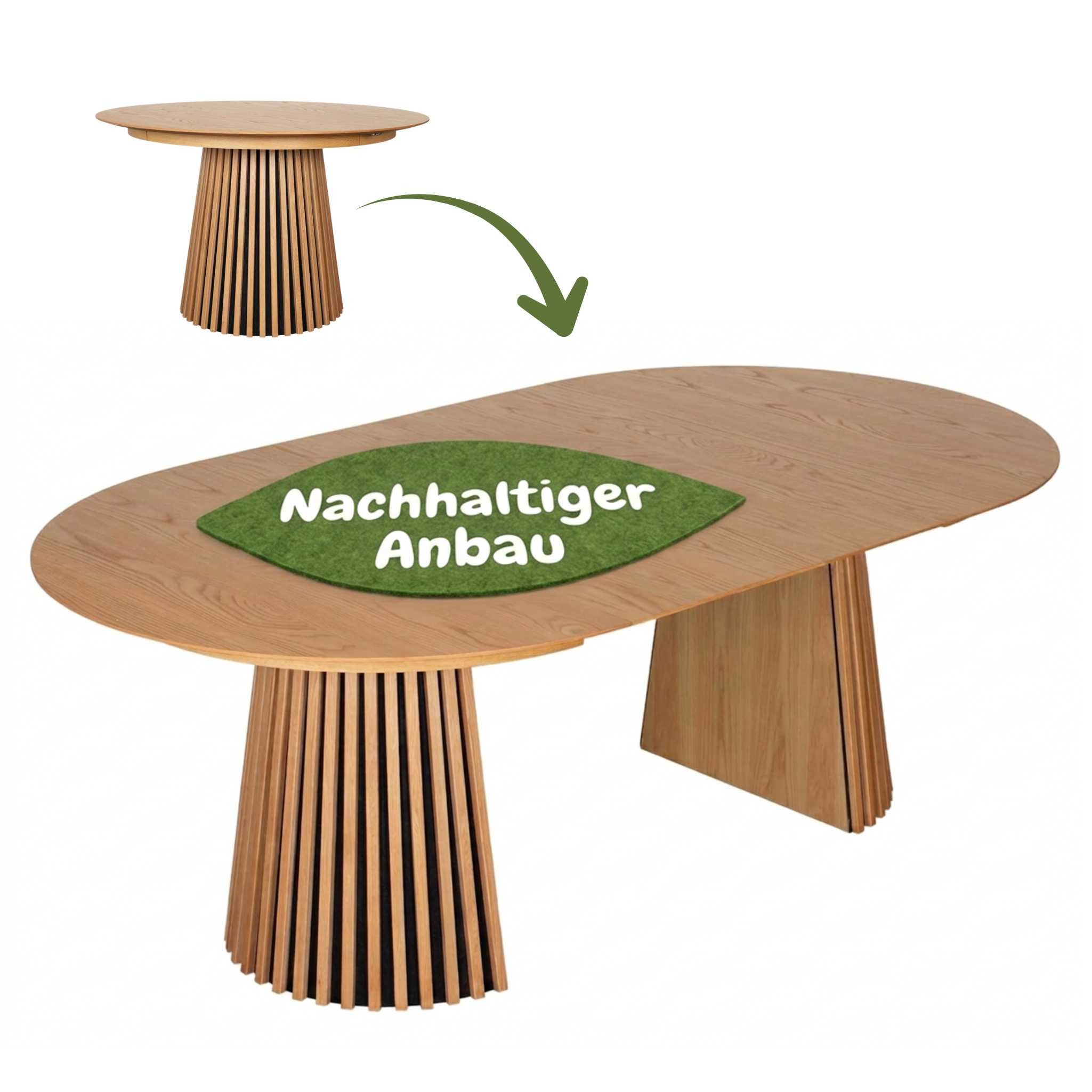 MR.DEKO Esstisch Oria oval Eiche Natur 120–210x120 cm ausziehbar FSC® (Küchentisch für Esszimmer & Wohnküche, 2-St), Tisch ausziehbar & zwei Einlegeplatten – modern & natürlich