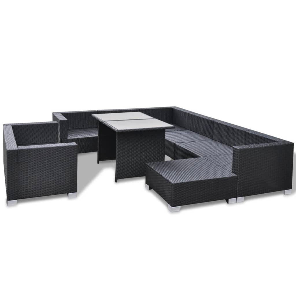 Auflagen mit vidaXL (10-tlg) Gartenlounge-Set Rattan 10-tlg. Schwarz, Garten-Lounge-Set Poly