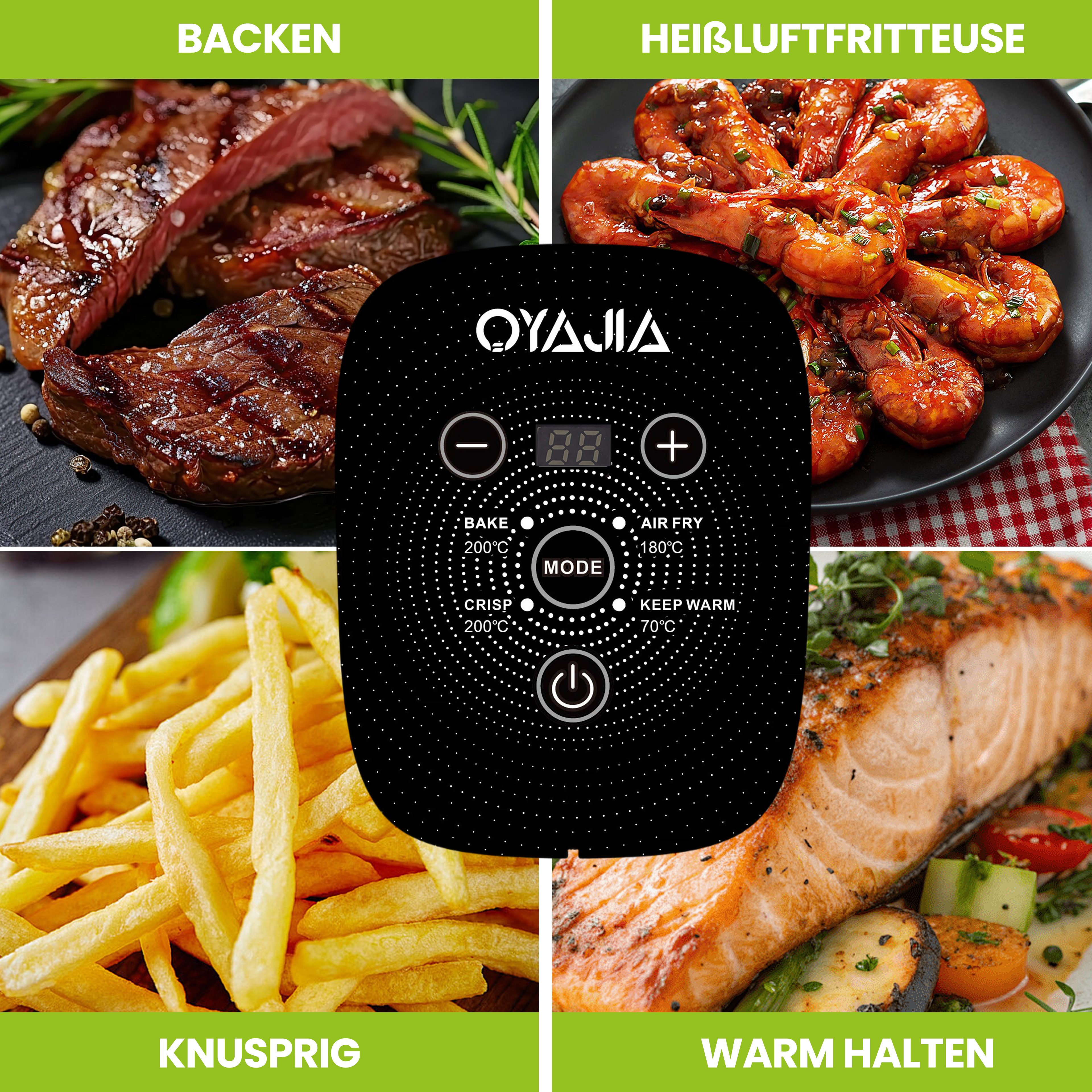 oyajia Heißluftfritteuse 1800W airfryer mit 360° Sichtfenster & 4 Programme, Ohne Öl,Dual-Kapazitätsdesign mit 4 L + 4 L,Abnehmbares Design, 1800 W, 3D-Heißluft-Umwälzung, spülmaschinengeeignet