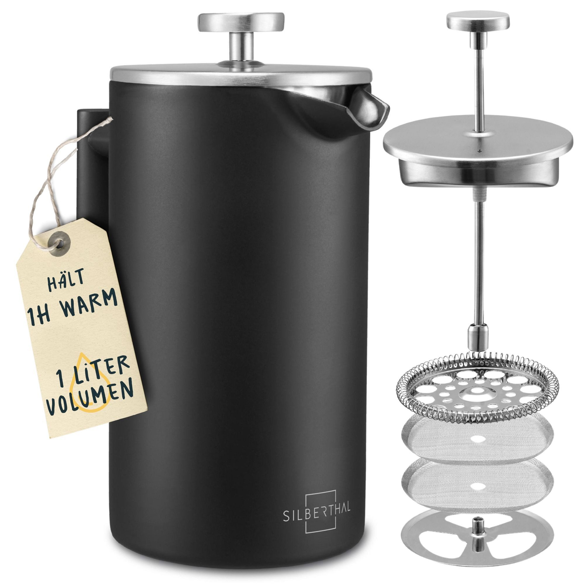 SILBERTHAL French Press Kanne, 1l Kaffeekanne, doppelwandig isoliert, 1 Liter