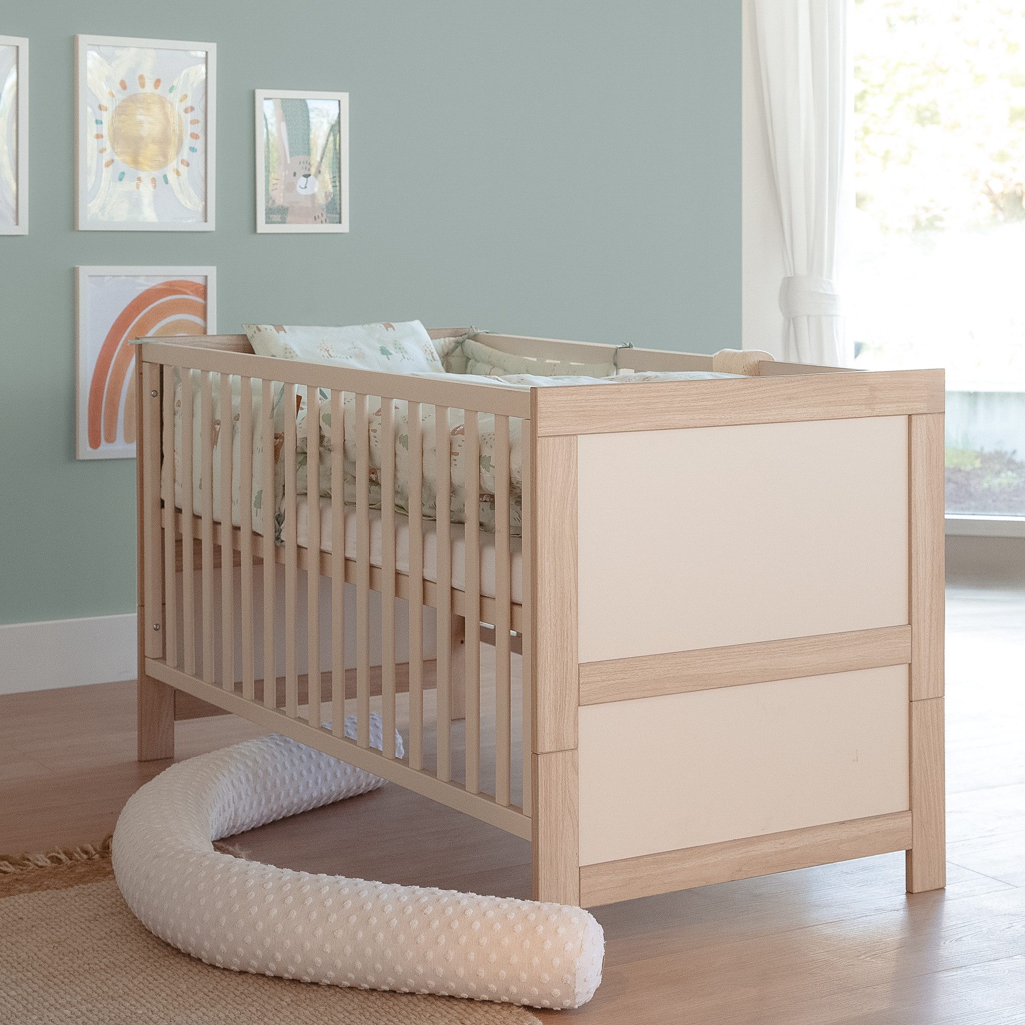 roba® Momo Baby Room Complete Set - Modern Wooden Nursery - Cashmere - Artisan Oak Decor, (3-piece set, 3-piece set, cot 70 x 140 cm, changing table with 3 drawers, wardrobe), cot: removable bars & 3-way height adjustable - Beige / Cashmere
