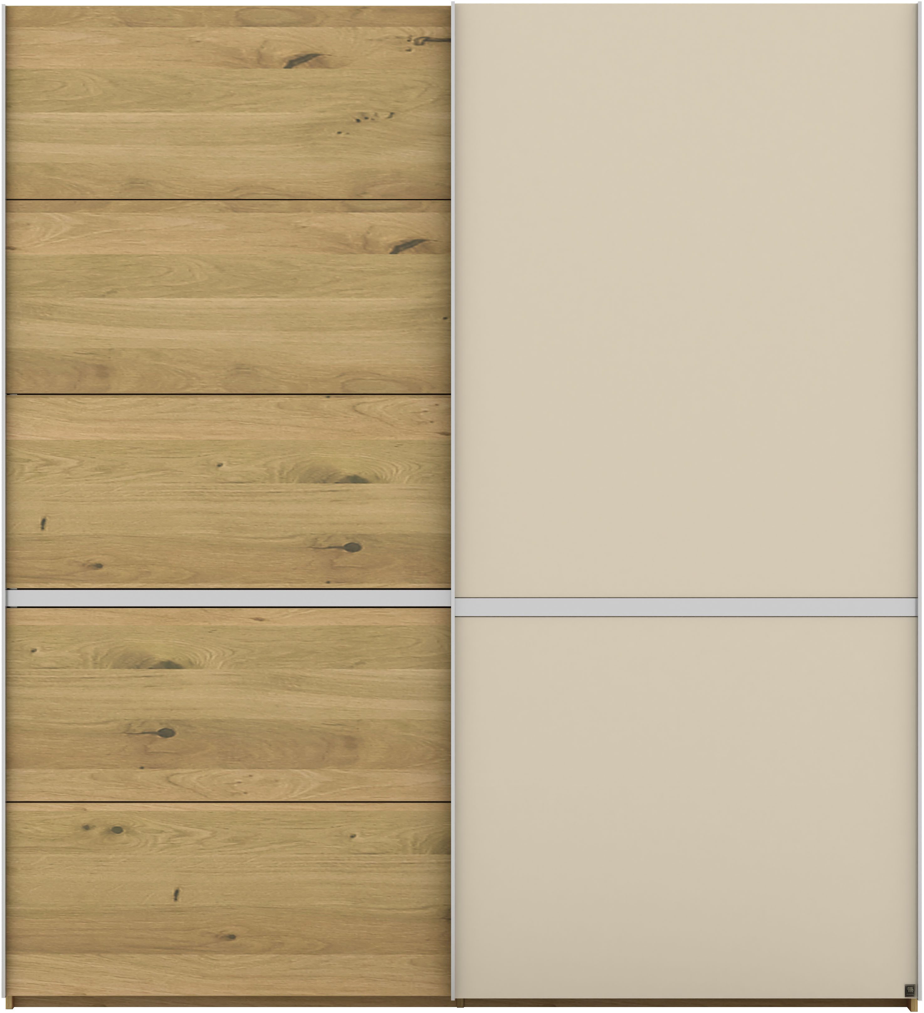 Musterring Schwebetürenschrank Savona, Kleiderschrank, Schrank, Garderobe, mit Schiebetüren (Teilmassiv Bianco-Eiche, mit Spiegel oder Glas, MADE IN GERMANY) Türen Bianco-Eiche massiv, Spiegel-/Glastüren, eingelegte Chromleiste