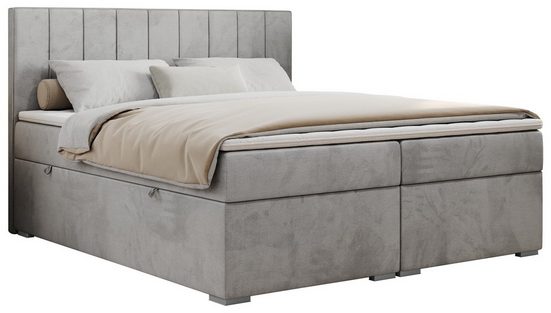 MKS MÖBEL Boxspringbett ALLY, Doppelbett mit Multipocket-Matratze, Praktisch Polsterbett 200x200 cm Velvet Hellgrau