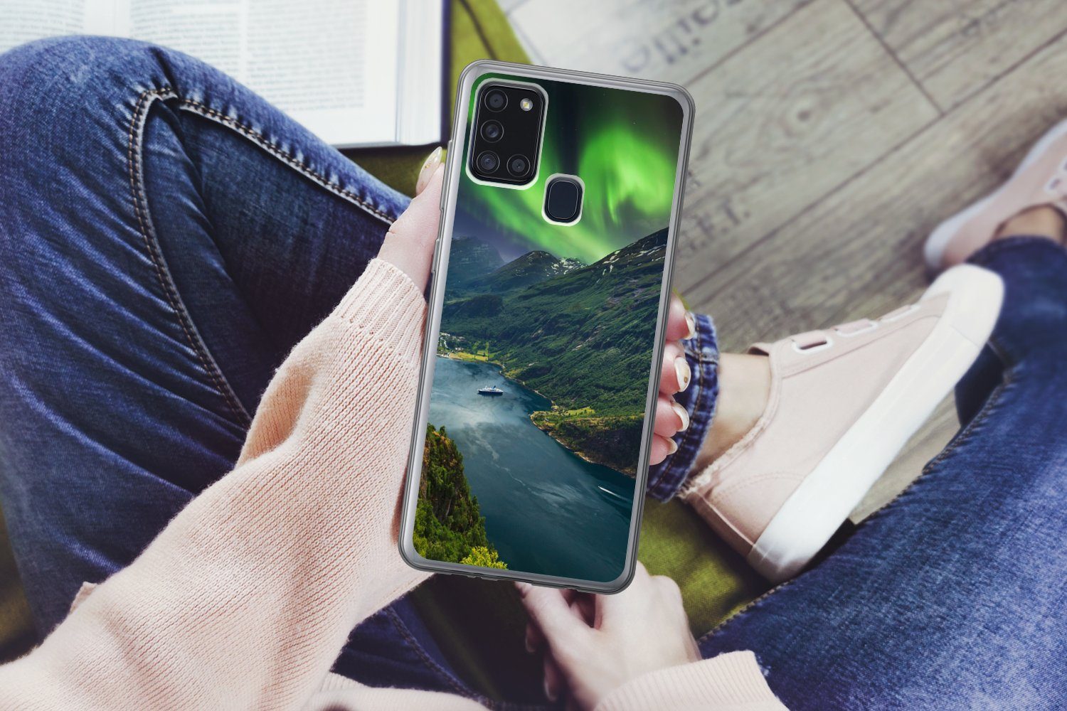 MuchoWow Handyhülle für Samsung Galaxy A21s Nordlichter - Berg - Boot - Norwegen, Smartphone-Bumper, Print, Handy Schutzhülle Dünn