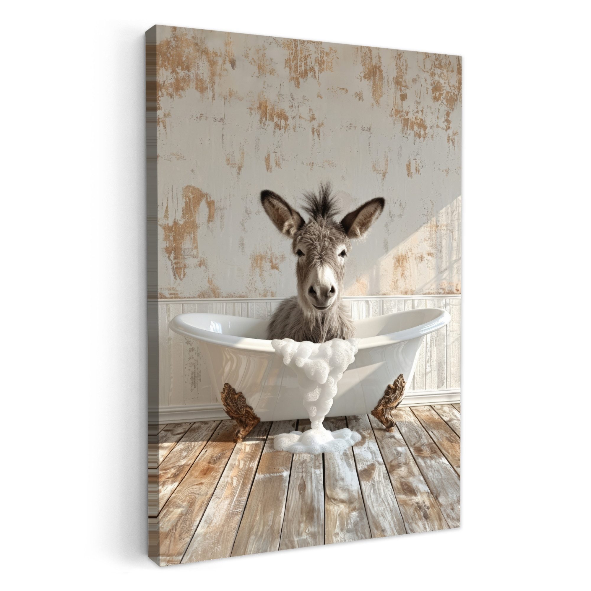 OneMillionCanvasses® Leinwandbild Esel - Tiere - Badewanne - Schaumstoff, Fotodruck (1 St), Badezimmer Deko, Bilder WC, Toilette Wanddeko 20x30 cm