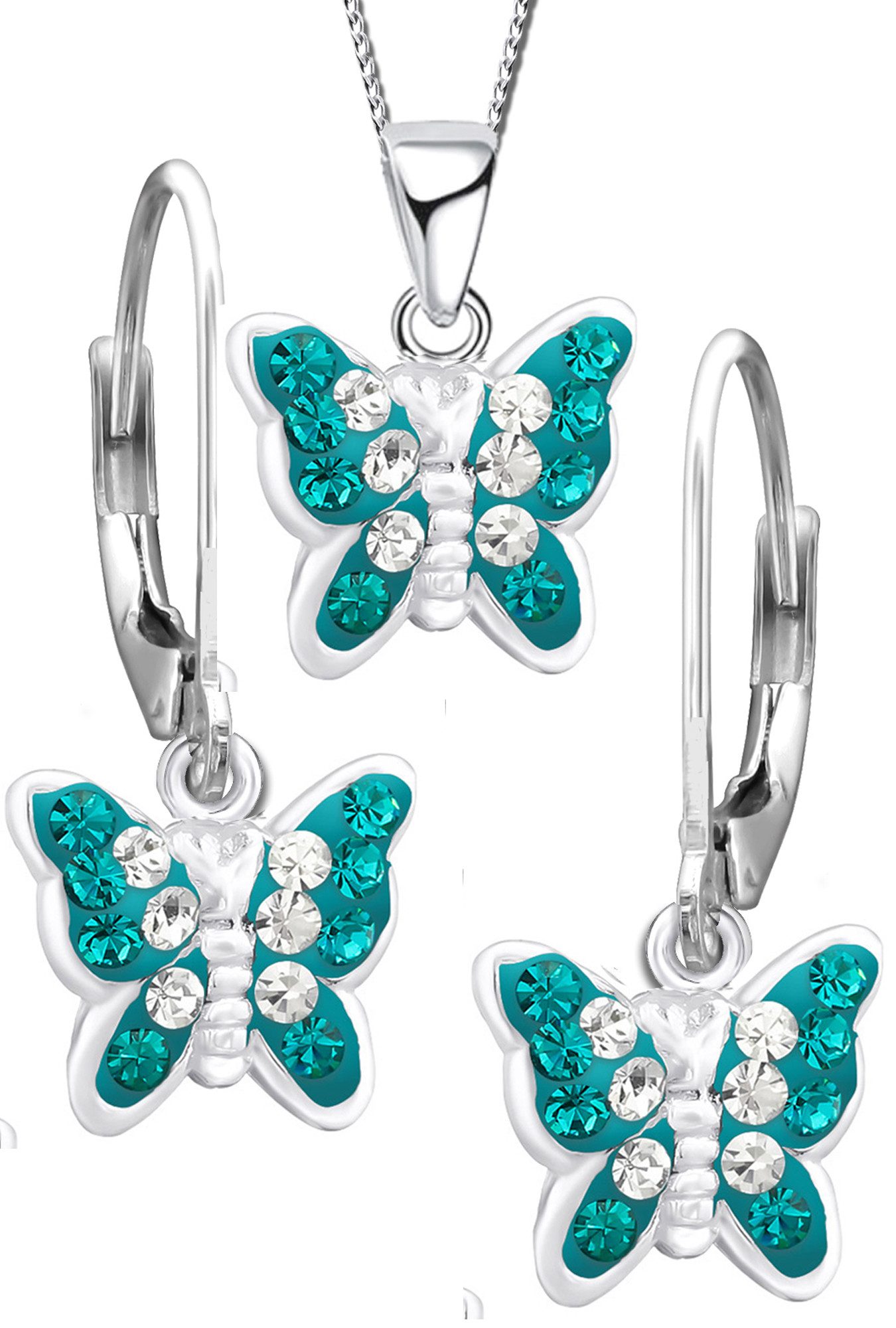 Limana Schmuckset Mädchen Kinder echt 925 Sterling Silber Ohrringe Kette Schmetterling, mit Zirkonia Steine