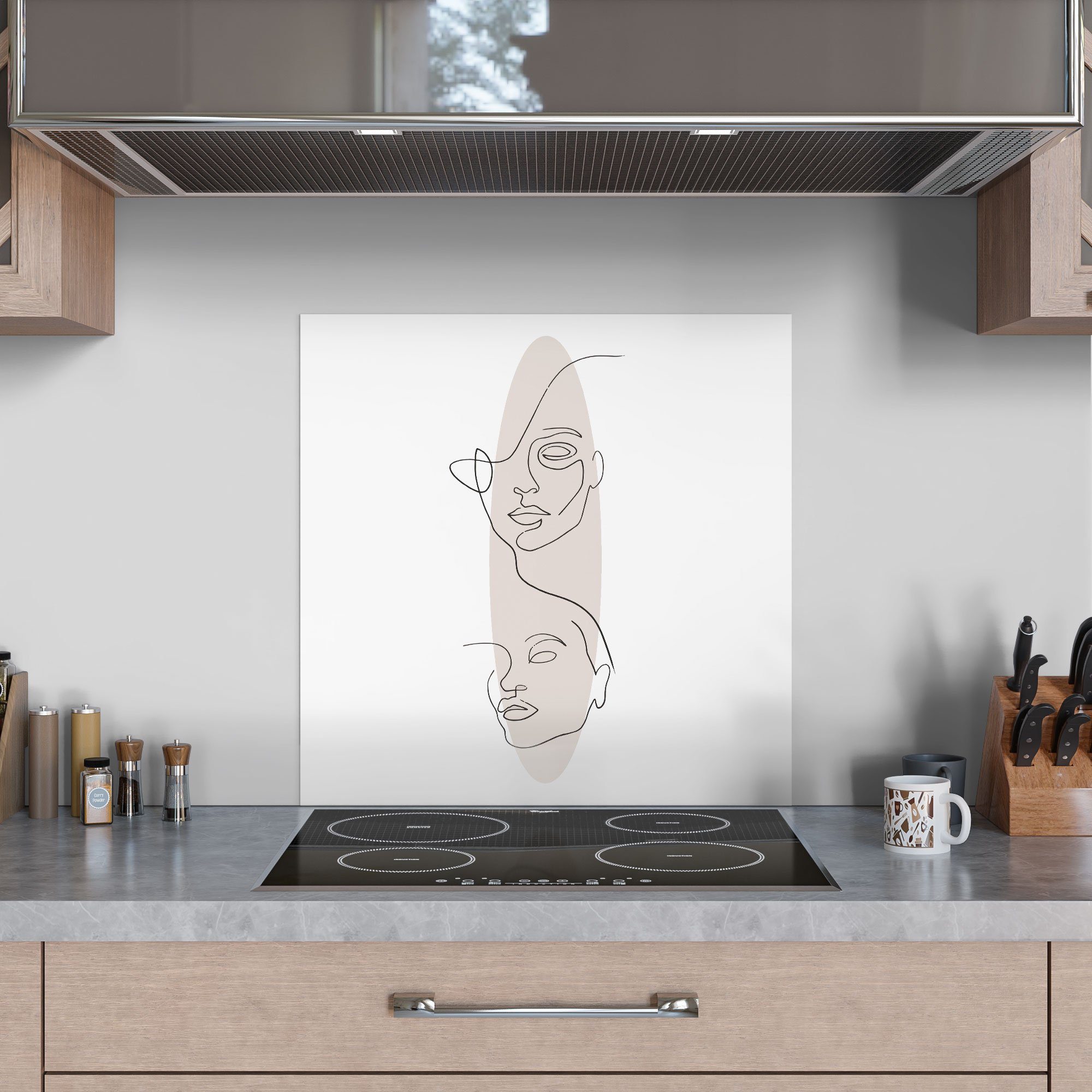 'Linien-Gesichter DEQORI Spritzschutz vor Badrückwand Oval', Küchenrückwand Glas Herdblende