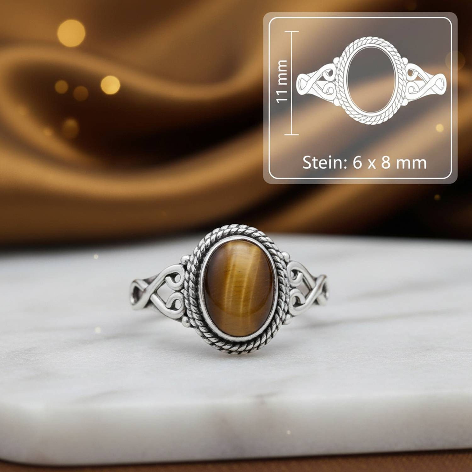 mantraroma Silberring BAGHIMI oval aus 925 Silber mit Tigerauge (Ring mit Schmuckbeutel), Damenring aus 925er Silber