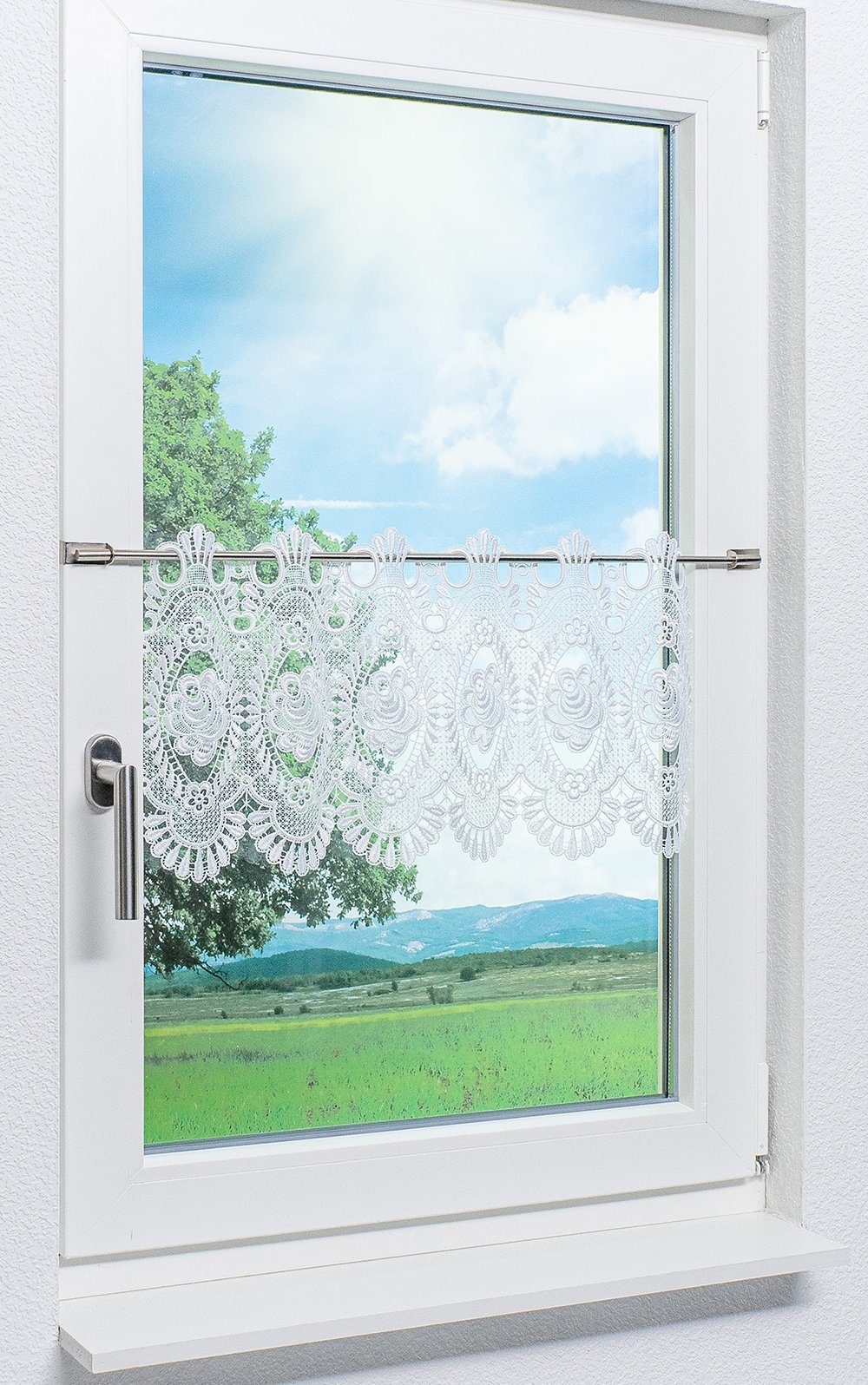 weiß Scheibengardine transparent, Plauener Spitze®, Blumenspitze, 32x42cm (1 HxB St),