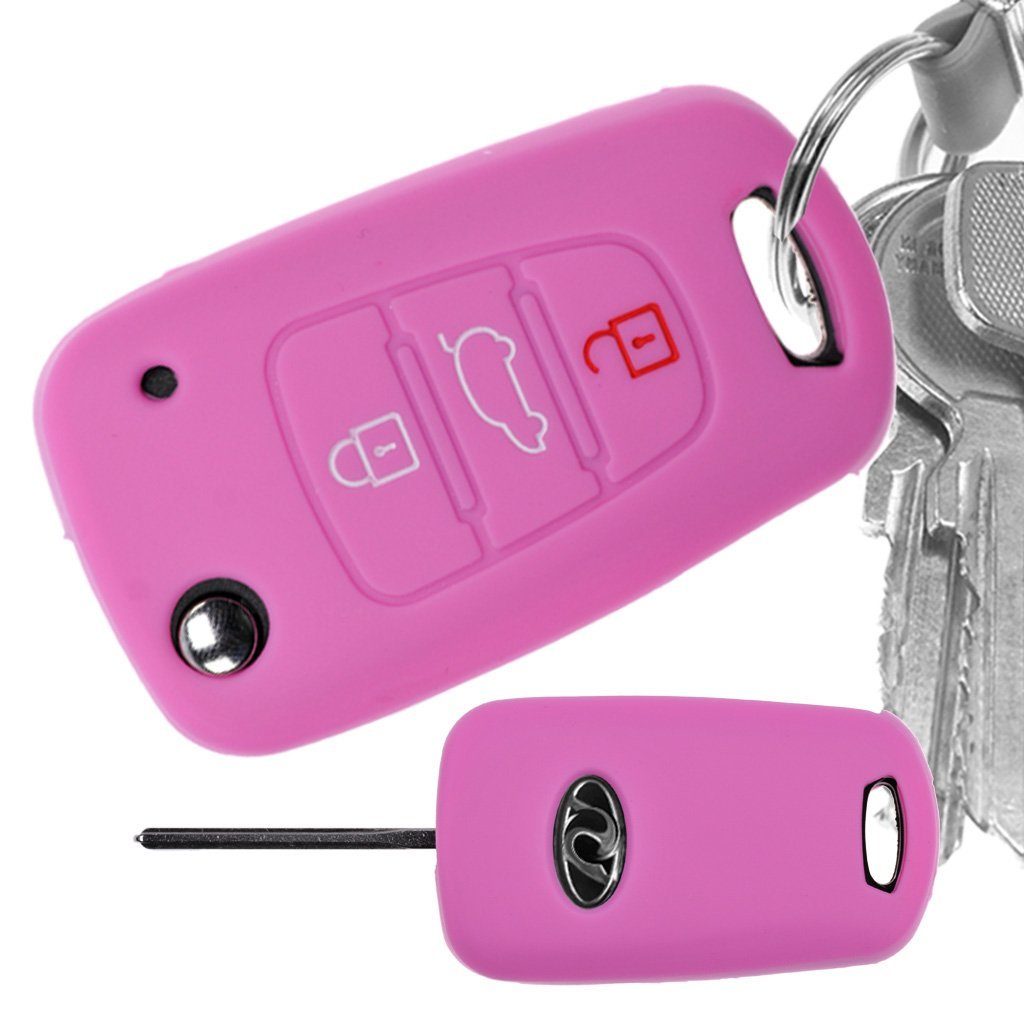 mt-key Schlüsseltasche Autoschlüssel Softcase Silikon Schutzhülle Rosa, für Hyundai i30 ix20 ix35 KIA Soul Sportage 3 Tasten Klappschlüssel