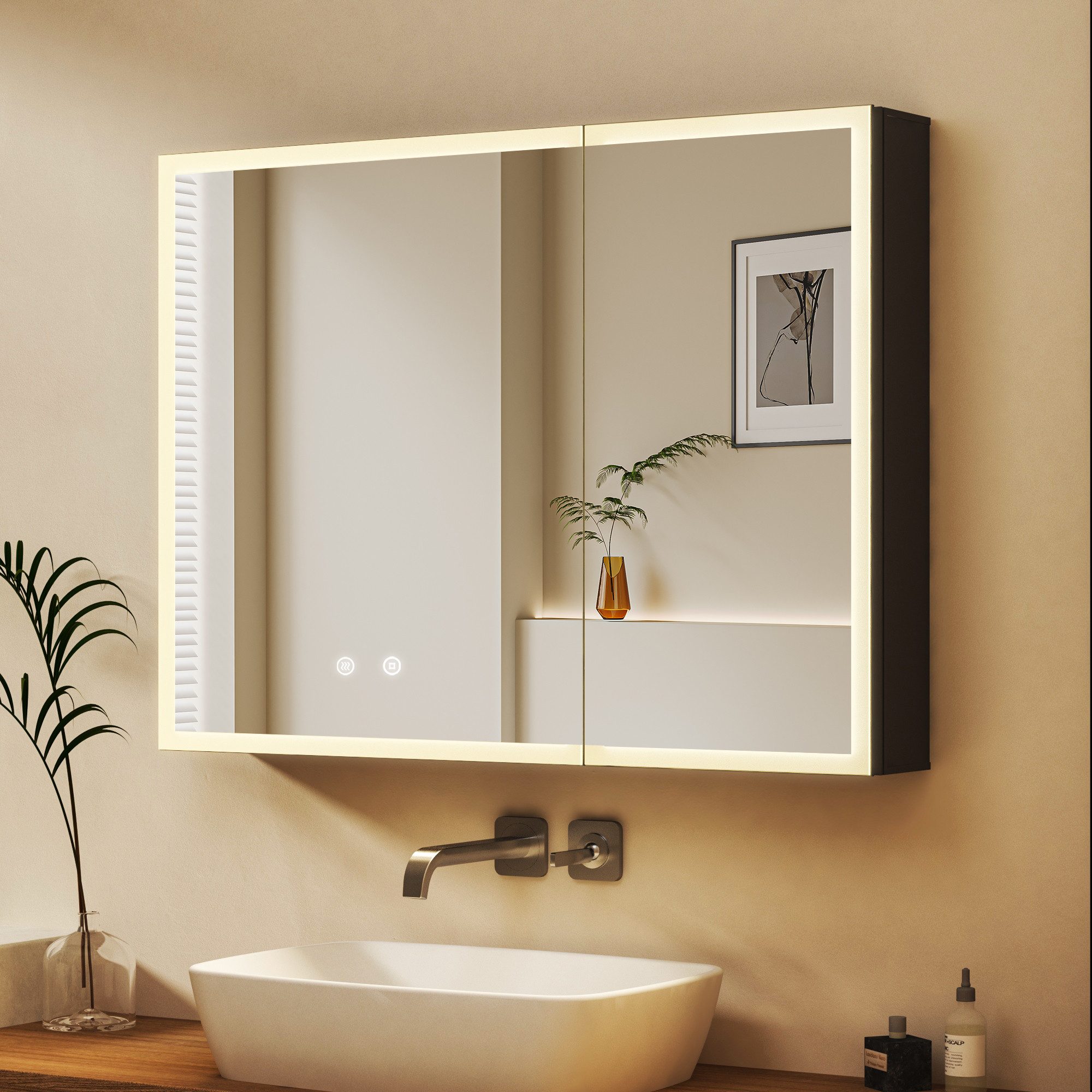 WDWRITTI Spiegelschrank 80 cm breit Aluminium Badezimmerspiegelschrank Schw günstig online kaufen