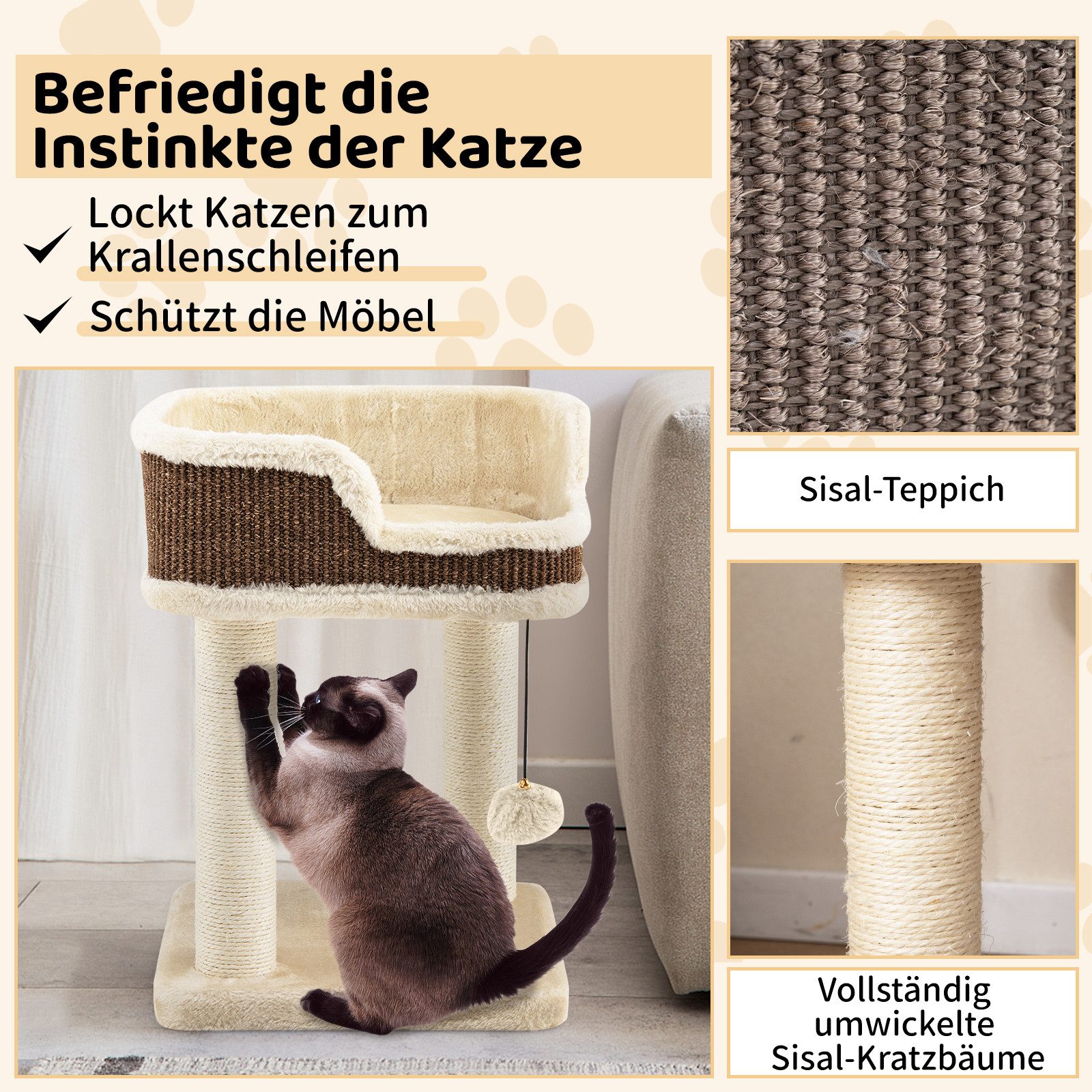 COSTWAY Kratzbaum, Katzenbaum, Kletterbaum, Katzenmöbel, mit Ball
