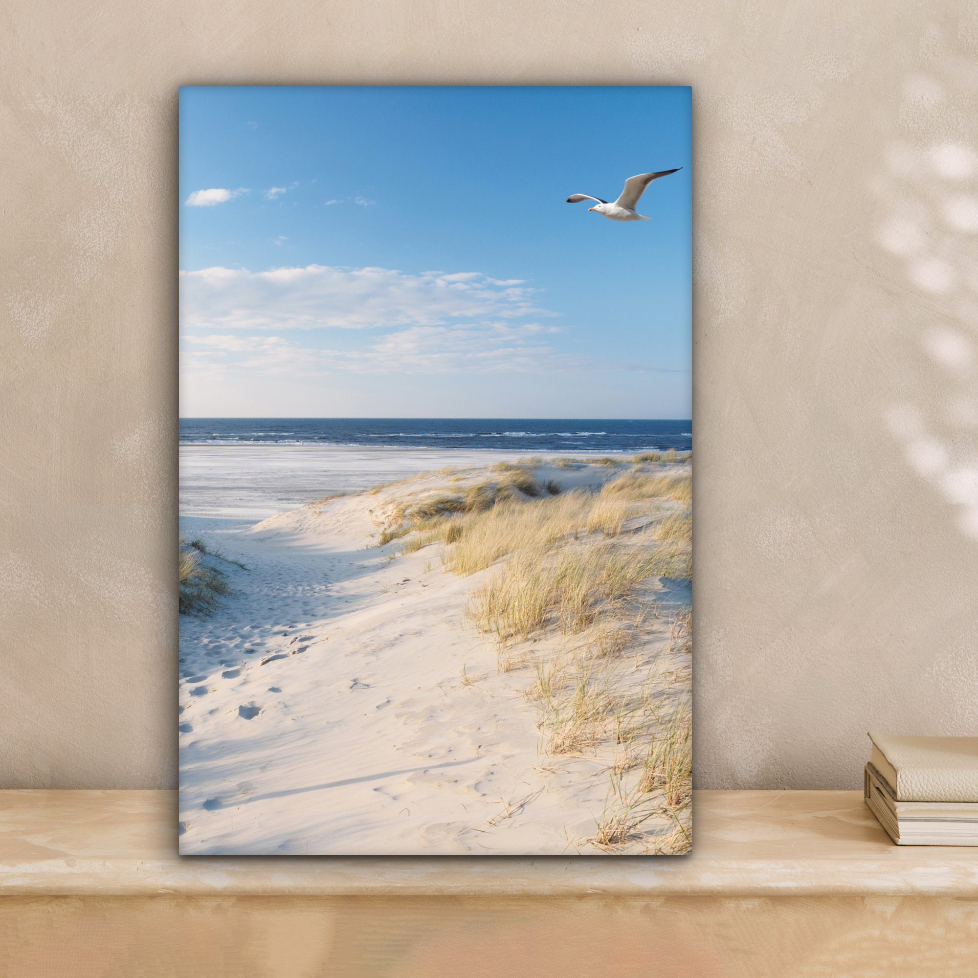 OneMillionCanvasses® Leinwandbild Düne - Möwe - Strand - Meer - Sonne, Fotodruck (1 St), Leinwand Canvas Wandbild, Wanddekoration 20x30 cm
