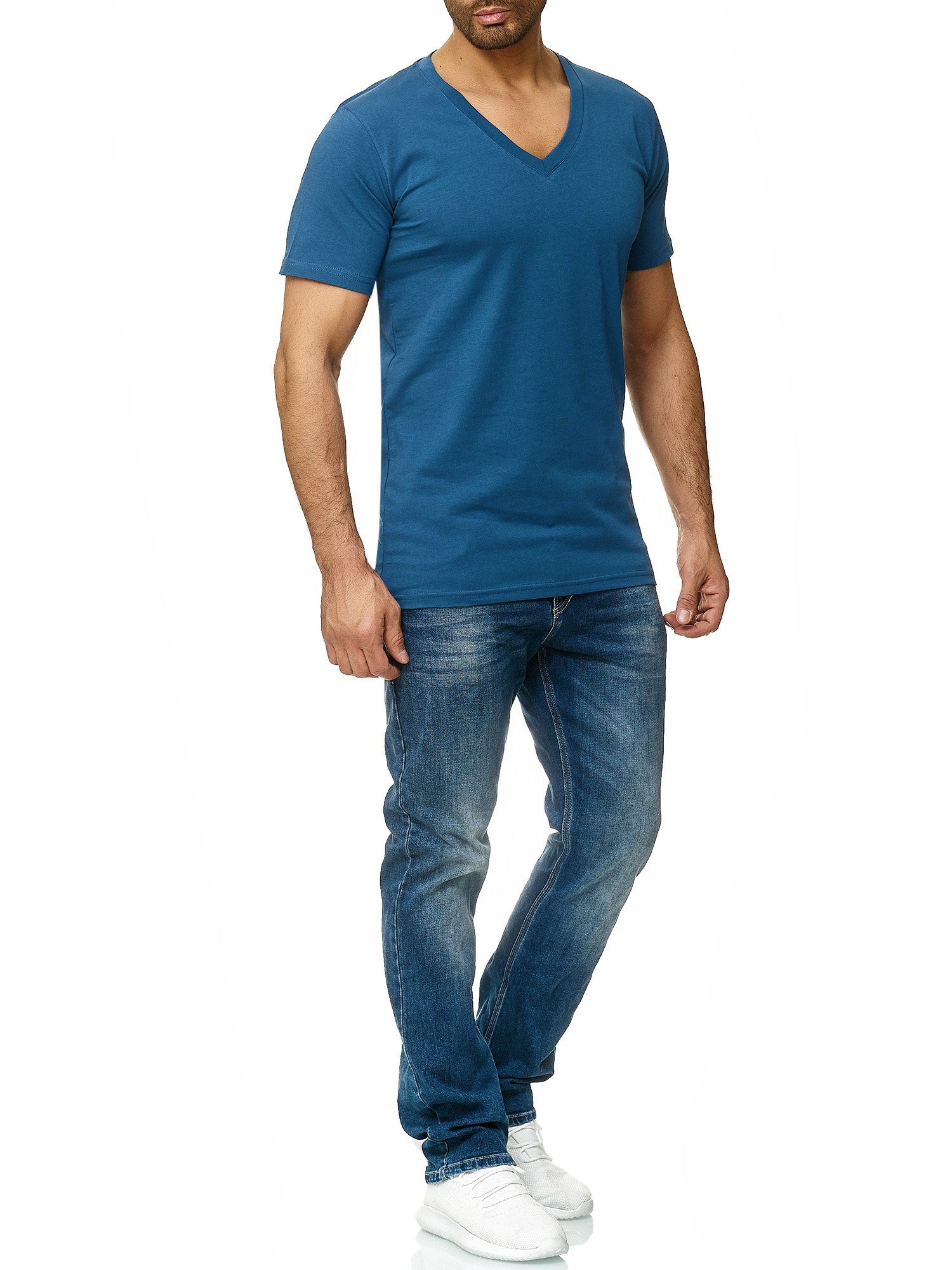 Kurzarmshirt Polo T-Shirt Blau Freizeit 1308C Casual Fitness OneRedox (Shirt 1-tlg) Tee,