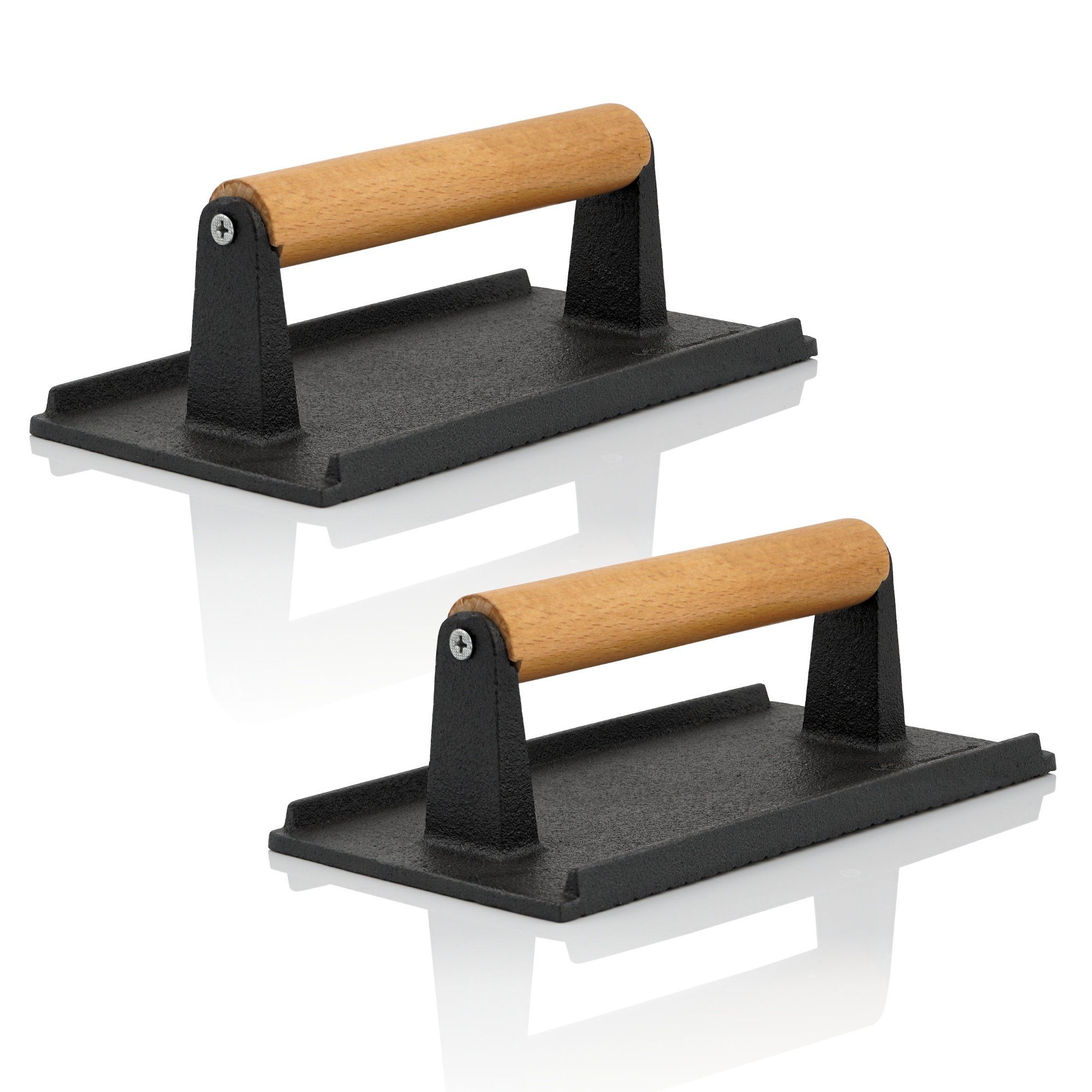 BBQ-Toro Burgerpresse 2er Set Fleischbeschwerer, Gusseisen, 1 kg Grillgewicht mit Holzgriff (2 St), Gusseisen