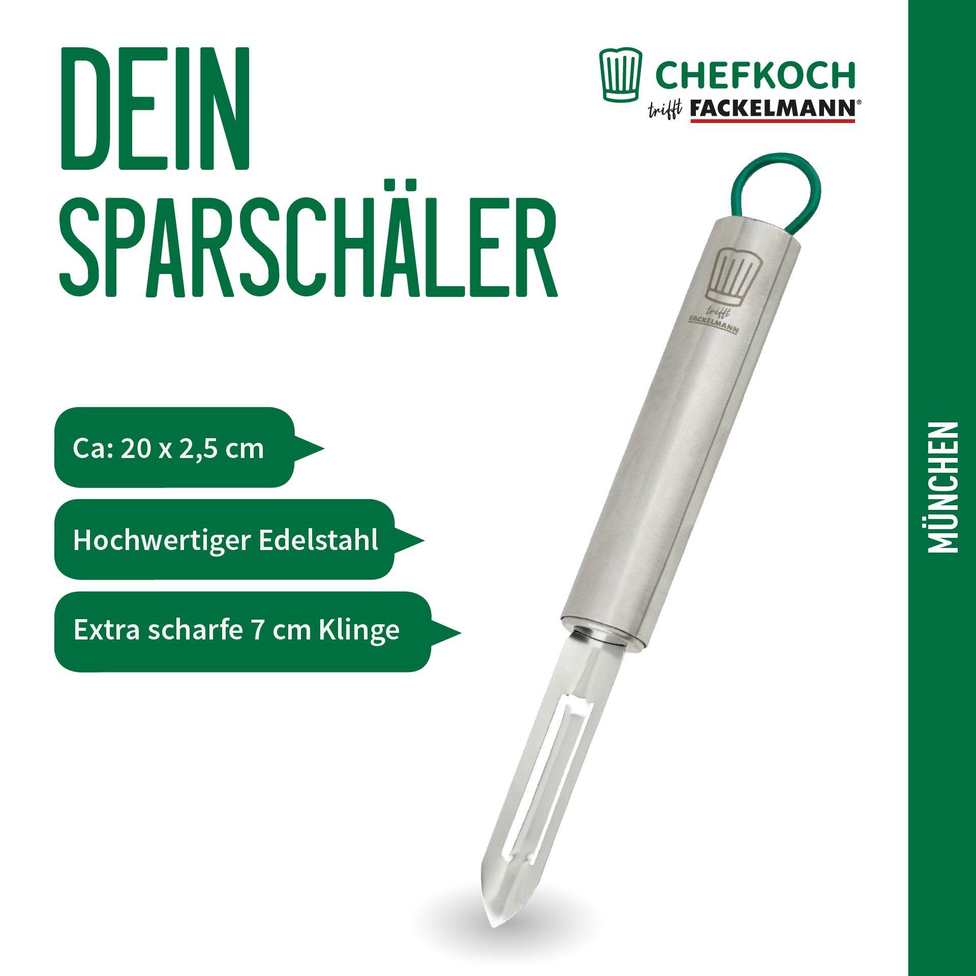 Chefkoch trifft Fackelmann Sparschäler Sparschäler aus Edelstahl, 200x25mm – Silber/Grau/Grün