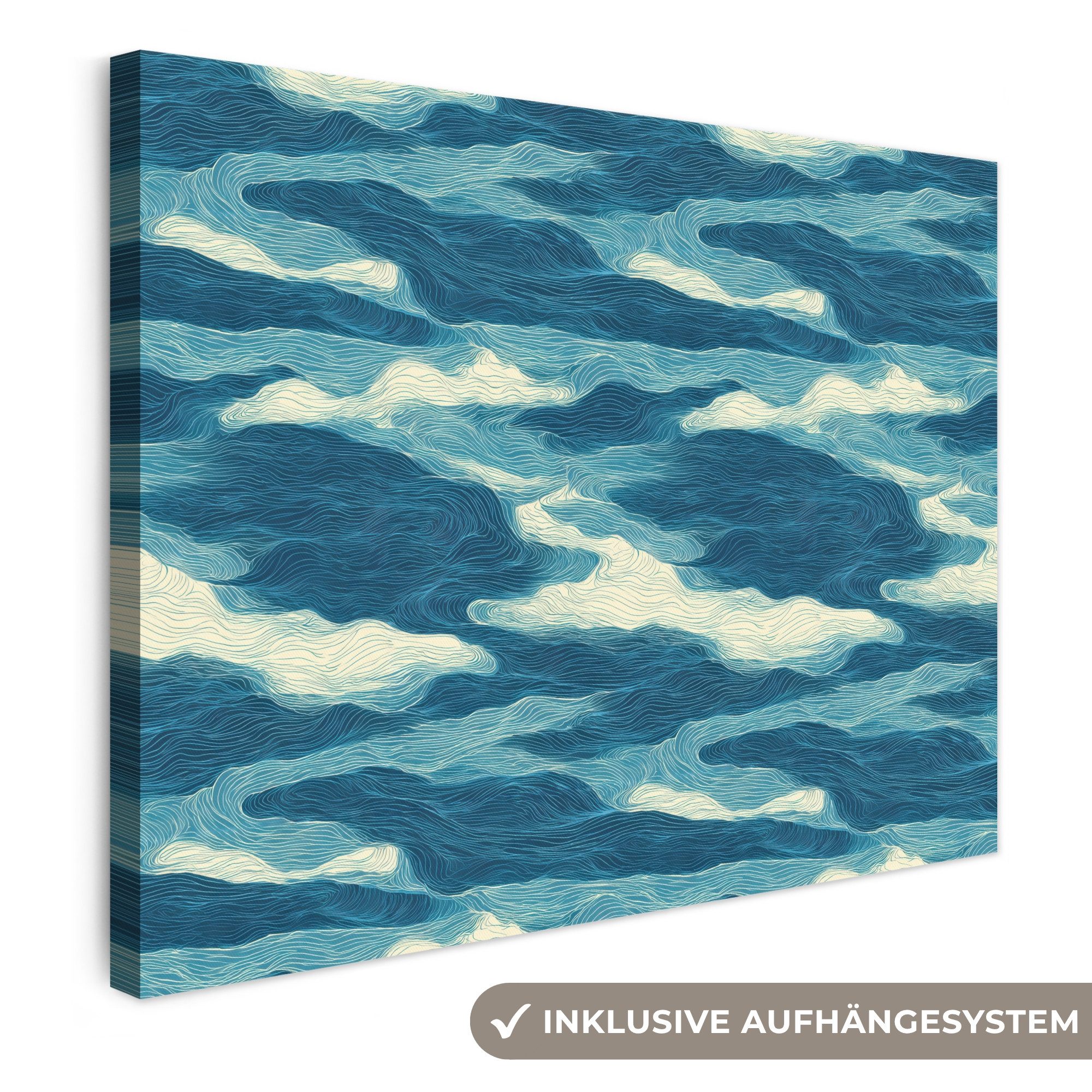 OneMillionCanvasses® Leinwandbild Wellen - Abstrakt - Muster - Blau - Weiß, Fotodruck (1 St), Wandbild Leinwandbilder, Aufhängefertig, Wanddeko 40x30 cm
