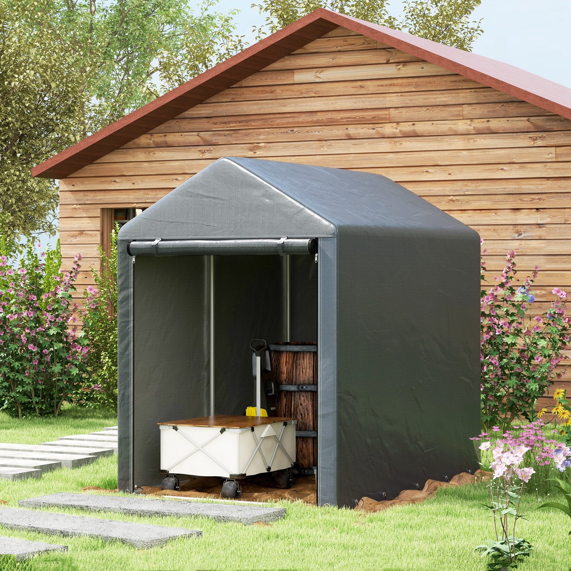 Outsunny Faltgarage Gartenschuppen mit Stahlrahmen, robust & wetterfest (Schuppen, 1-St., Lagerzelt), für Garten, Dunkelgrau