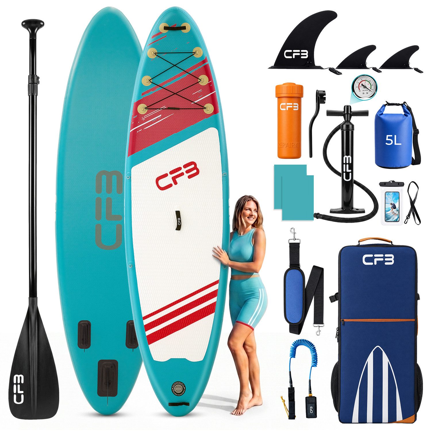 CFB SUP-Board Set 320x84x15 cm extra breit, 160 kg Traglast, aufblasbares Stand Up Paddle Board, (Komplett-Set, mit Paddel, Pumpe, Rucksack, 5L Dry Bag und Schultergurt), für Anfänger und Erwachsene