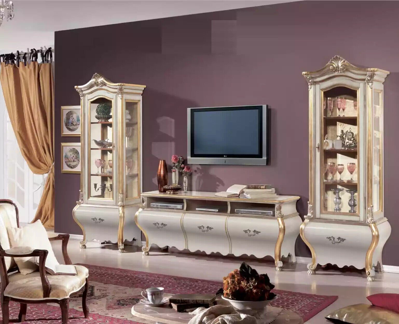 JVmoebel Wohnzimmer-Set TV-Ständer + 2x Holzschnitzerei Vitrine), Wohnzimmer Nur Luxus Vitrine Schränke (3-St., Klassische Wohnwand Set