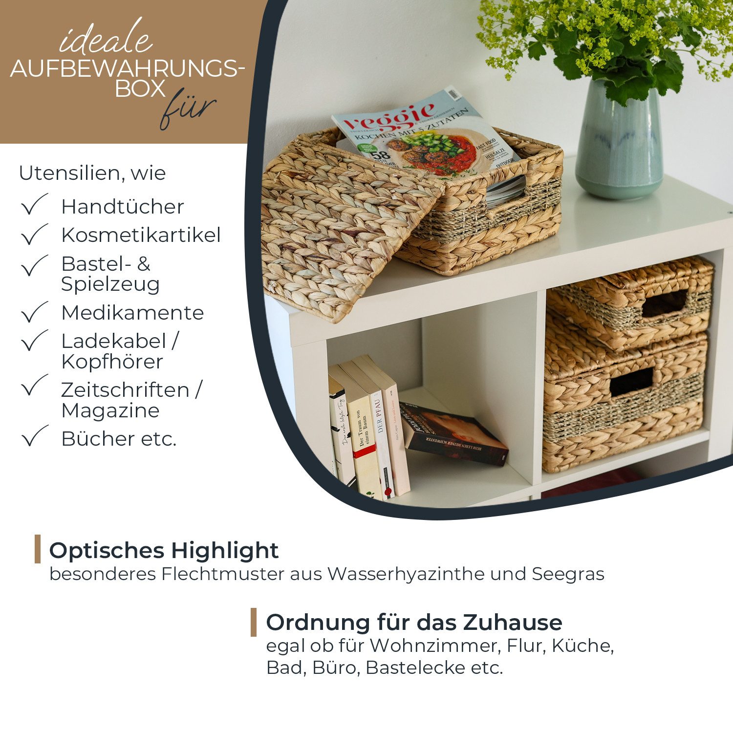 HMF Aufbewahrungskorb Aufbewahrungskorb mit Deckel, 3er-Set, Korb (3 St), geflochten aus Wasserhyazinthe und Seegras, Klein, Mittel, Groß