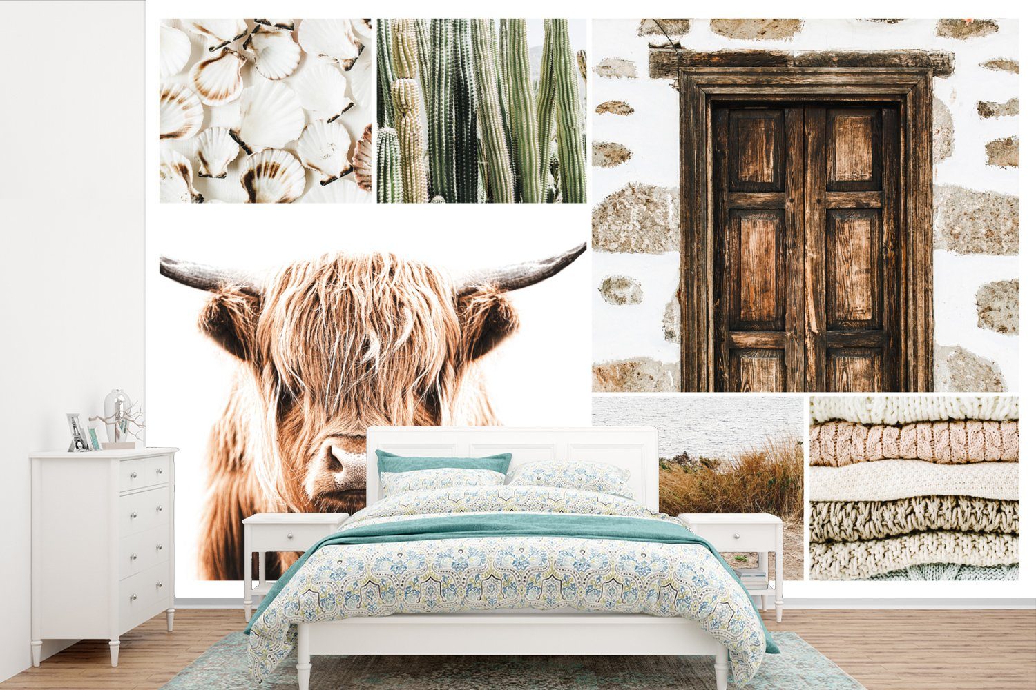 MuchoWow Fototapete Schottischer Highlander - Collage - Weiß - Beige, Matt, bedruckt, (6 St), Wallpaper für Wohnzimmer, Schlafzimmer, Kinderzimmer, Vinyl Tapete | Fototapeten