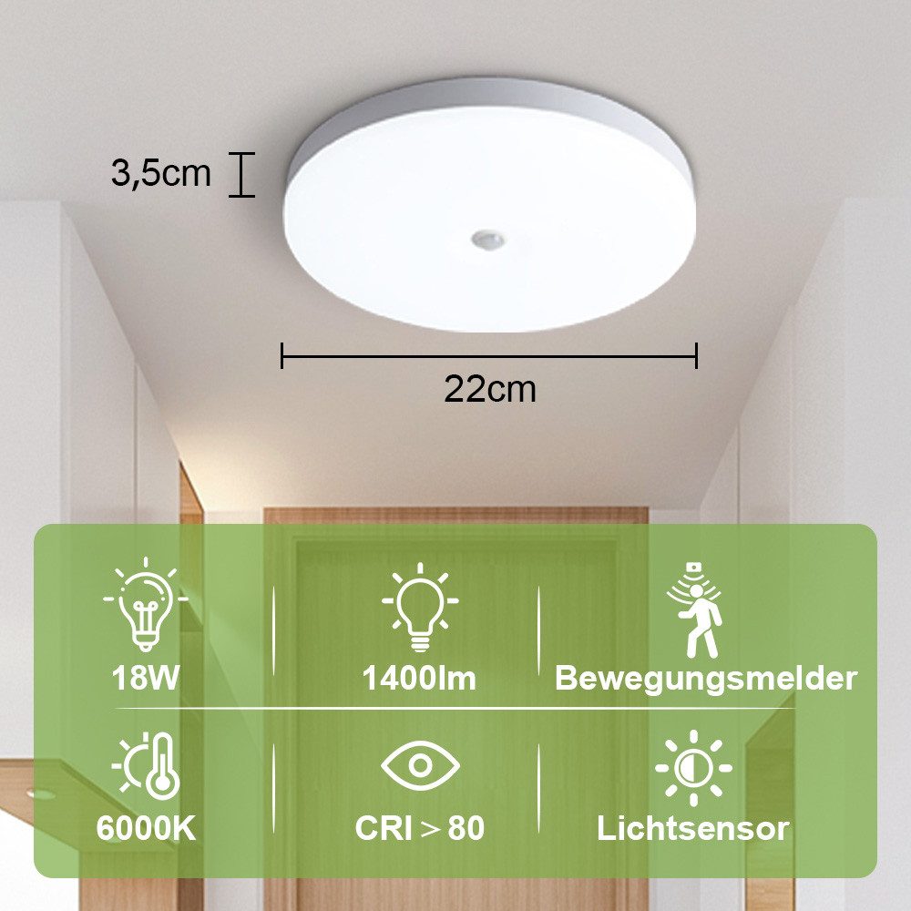 Rosnek Deckenleuchte LED Deckenleuchte rund, flach, mit Bewegungsmelder, kabelgebunden, 6000K kaltweiß, dünn, Weiß, für Küche, Bad, Garage, Flur & Wohnraum