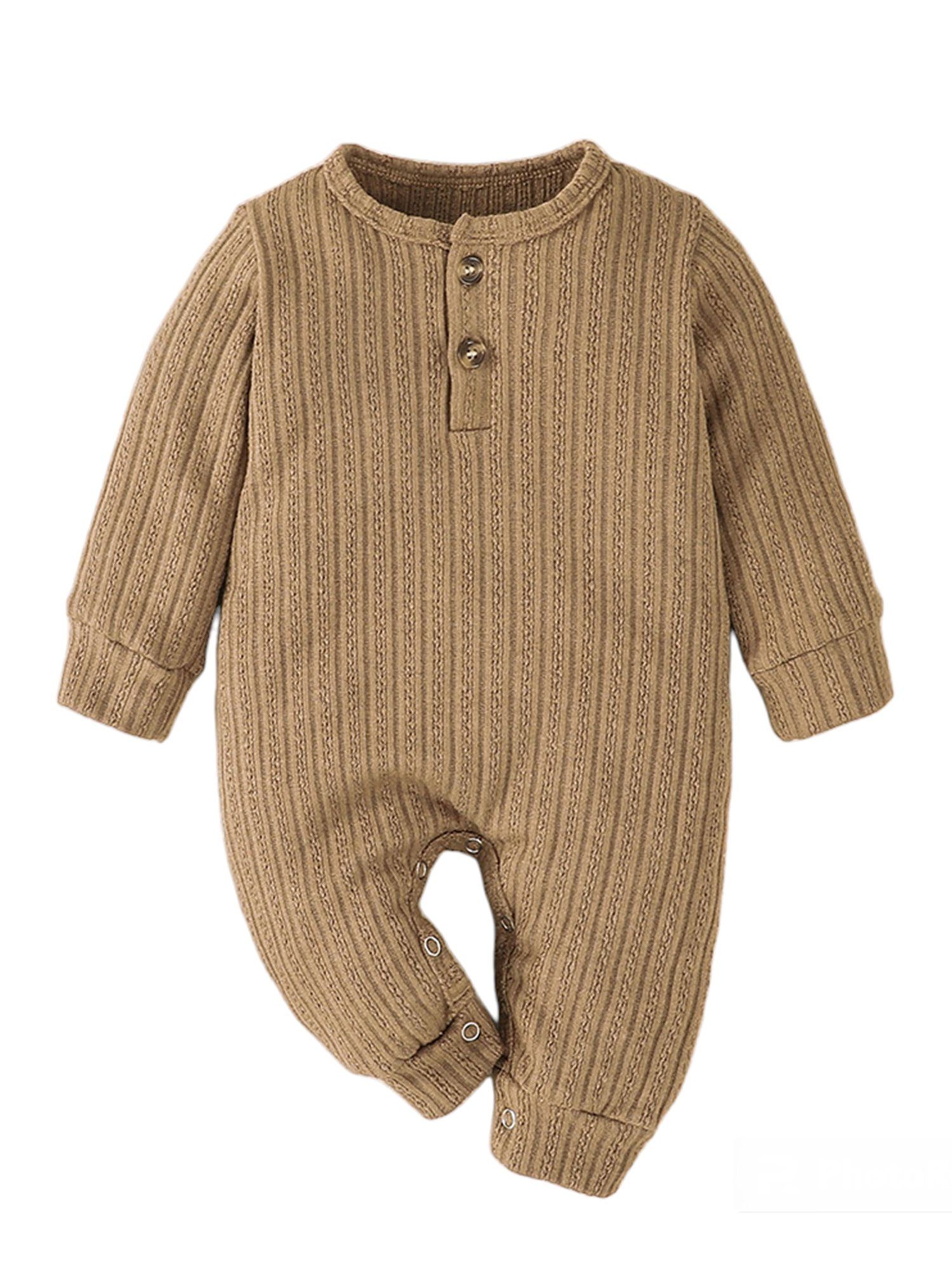 Lapastyle Strampler Einfarbiger langärmliger Strampler mit Knopfverschluss für Unisex Baby Jersey Anzug Braun