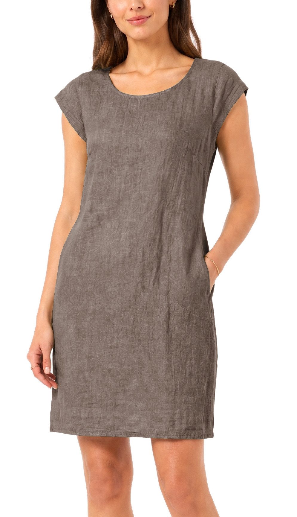 dy_mode Midikleid Einfarbiges Damen Leinenkleid Sommerkleid Kurzarm Midi Kleid in Unifarbe, mit Eingriffstaschen, leicht taillierte Passform