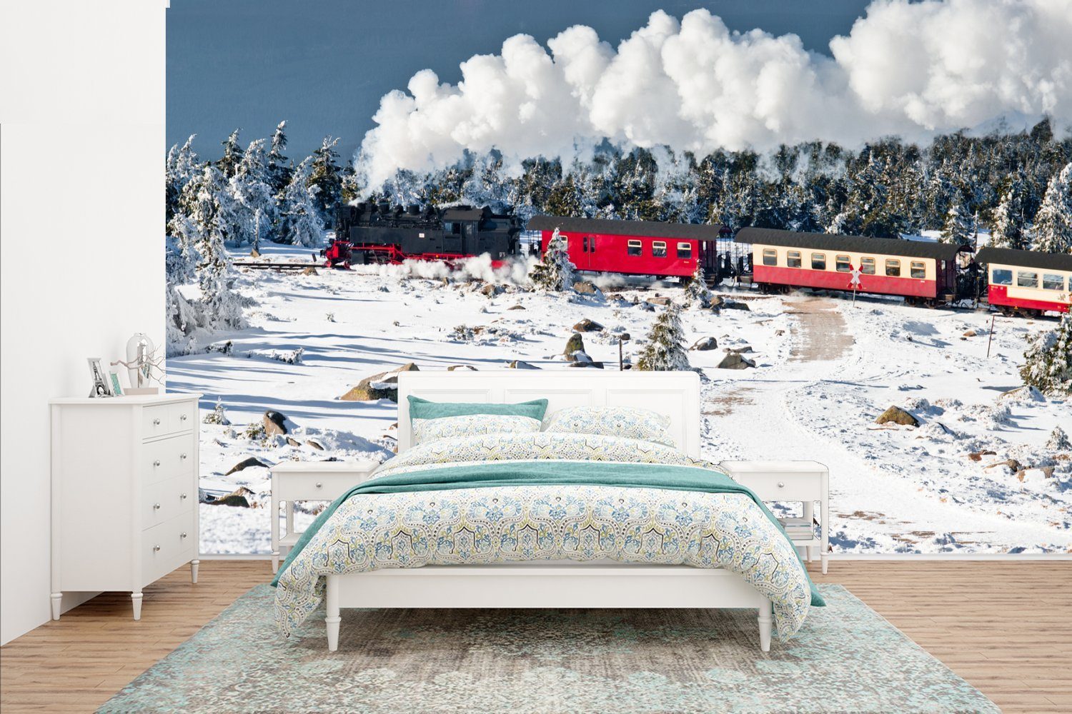 MuchoWow Fototapete Eine Dampflokomotive im Schnee, Matt, bedruckt, (8 St), Wallpaper für Wohnzimmer, Schlafzimmer, Kinderzimmer, Vinyl Tapete