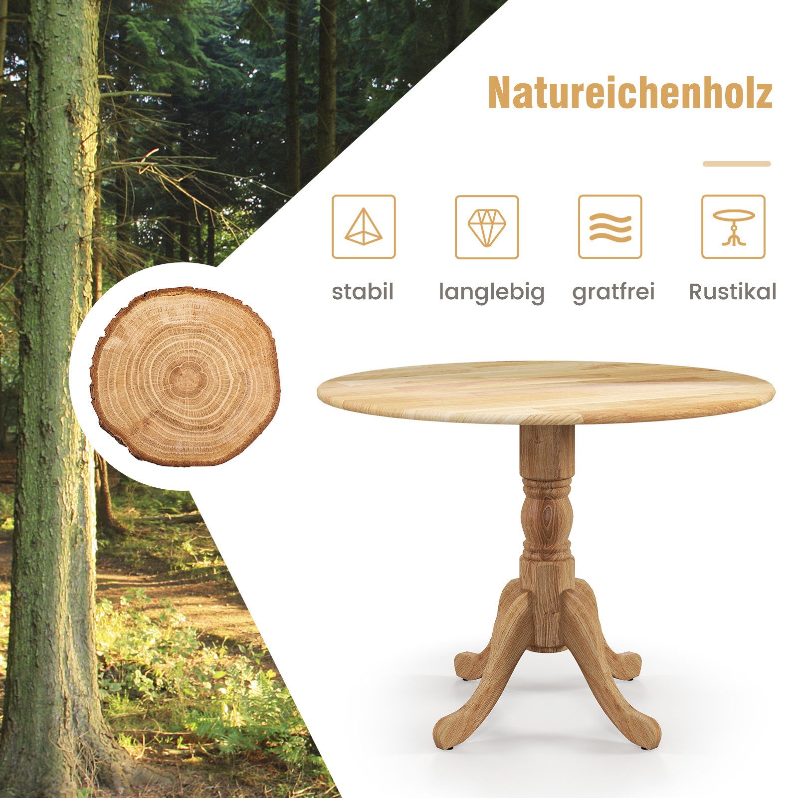 COSTWAY Esstisch, Runder Küchentisch aus Massivholz, 100 × 73 cm, Natur