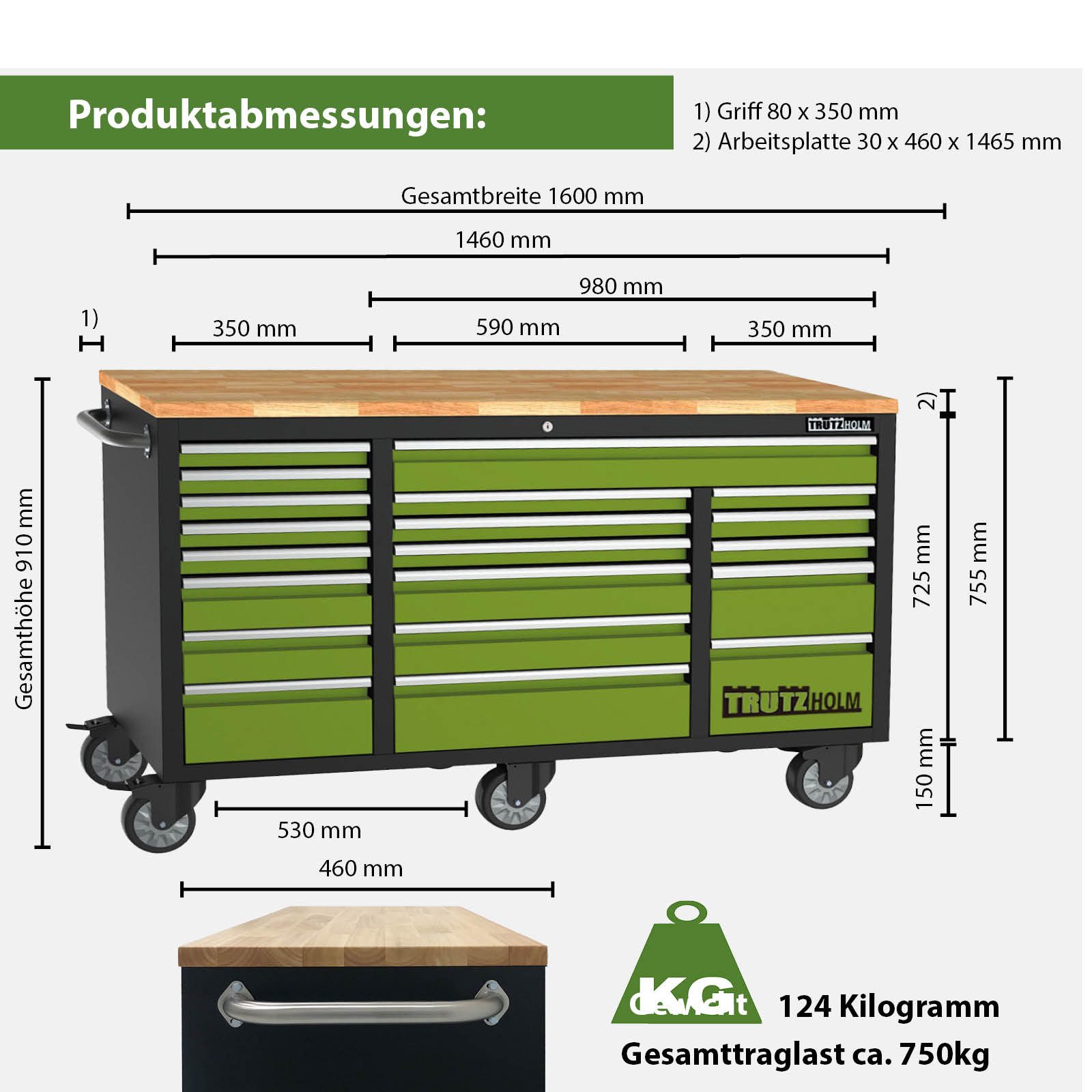 TRUTZHOLM Werkstattwagen Werkstattwagen Deluxe XXL unbestückt 161x92,5 cm 20 Schubladen, DELUXE mit 20 Schubladen, max. Traglast:750 kg, (Artikel, 1-tlg), versehen