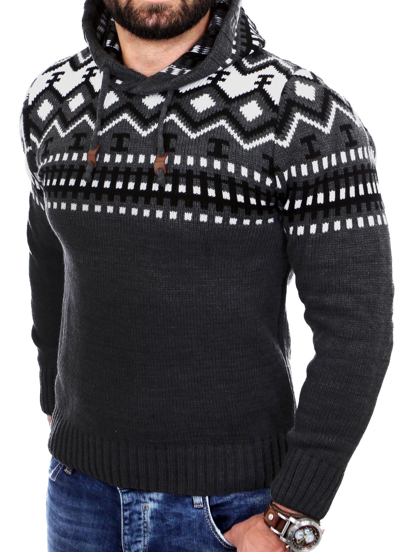 Strickpullover Reslad Herren Grobstrick Pullover Norweger Winter Kapuzenpullover
