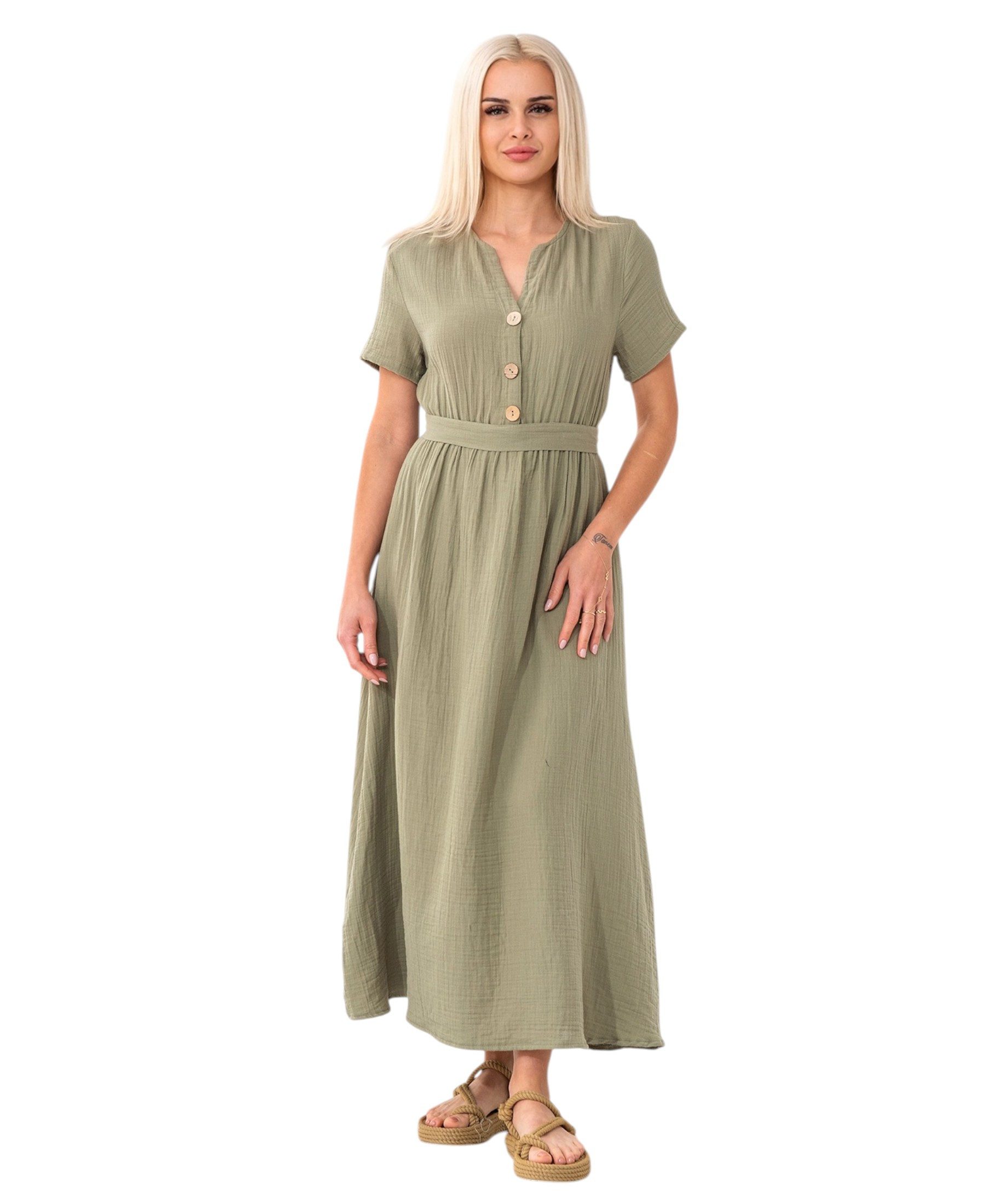 WENOR Sommerkleid Musselin Boho Kleid mit Knopfleiste & Taillenband, Freizeitkleid (1-tlg) Vorn mit Holzknöpfen, Bindegürtel an der Taille – Bild 3 von 5