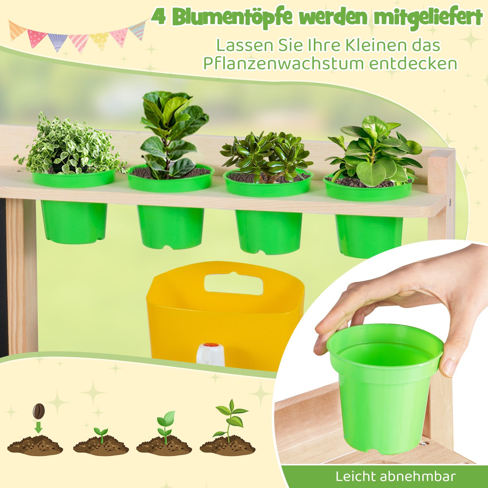 COSTWAY Outdoor-Spielküche Holz, Mit Kreidetafel, Herd, Blumentöpfen & Kochutensilien