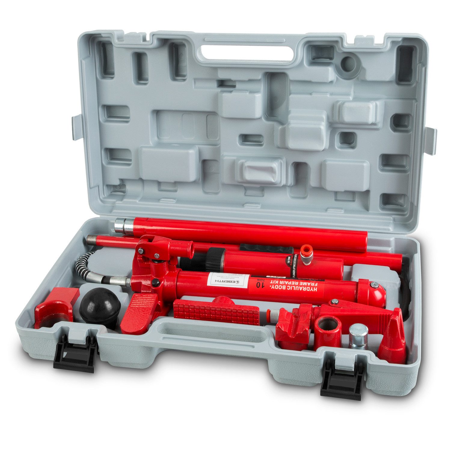 EBERTH Werkstattpresse Karosseriepresse Hydraulisch mit 10T Leistung, max. 10 in t, 7 Druckstücke, Spreizer, Koffer, Professionelles KFZ-Werkzeug