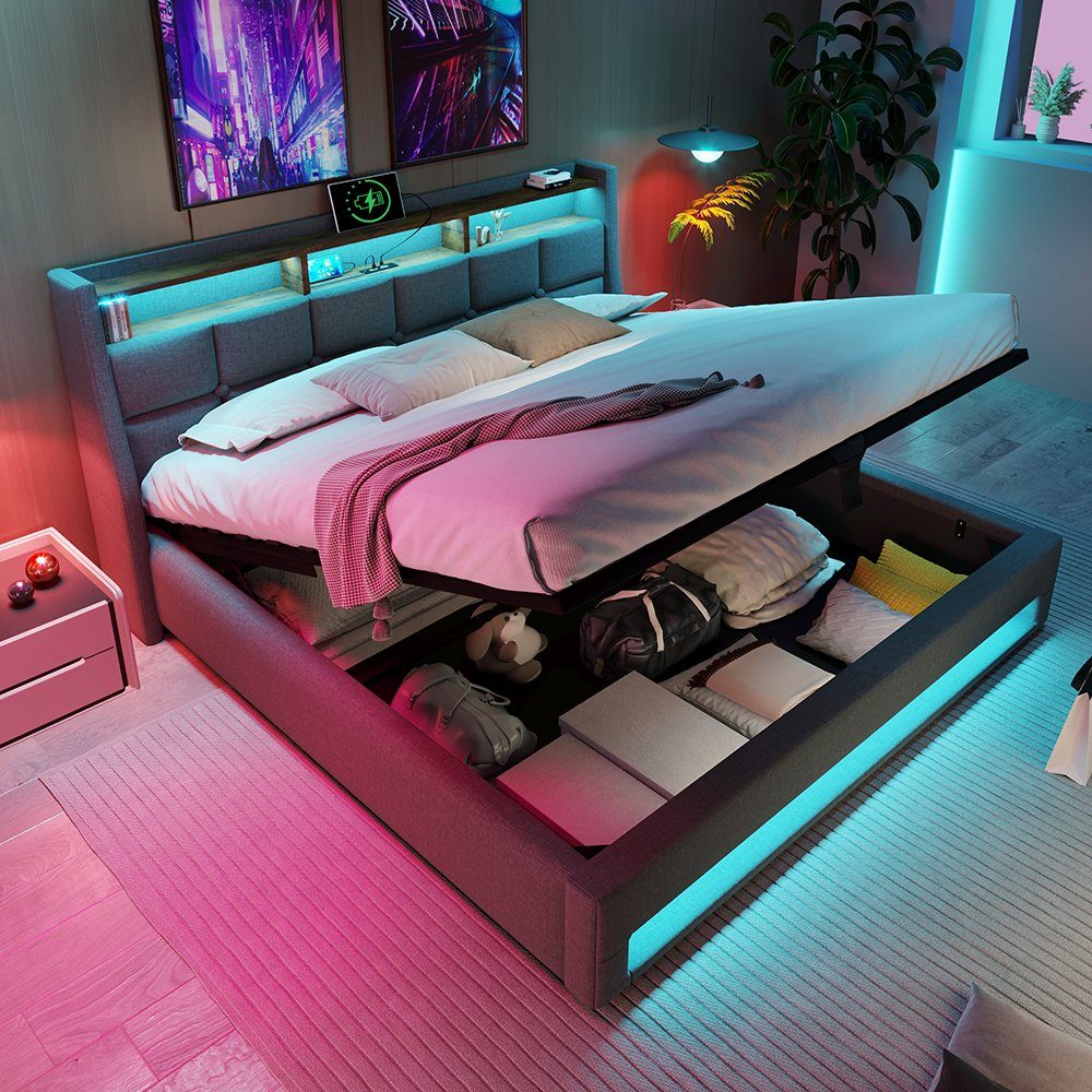 Polsterbett (Funktionsbett, 180x200 cm Hydraulisches Bett mit Lattenrost), Stauraumbett mit LED-Beleuchtung und USB-Anschluss, Baumwolle-Leinen