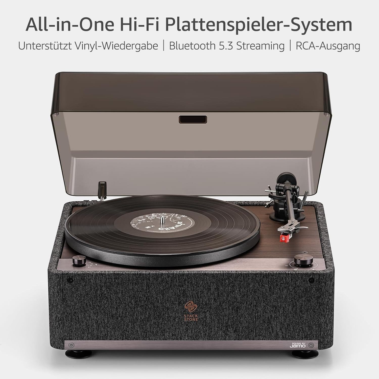 STACK STONE SS08 x Jamo Vinyl Plattenspieler mit Lautsprecher,Bluetooth 5.3 Plattenspieler (Riemenantrieb, Blutooth, WLAN, Bluetooth 5.3 Streaming, Magnetischer Kopf AT-91R,Co-designed mit Jamo)