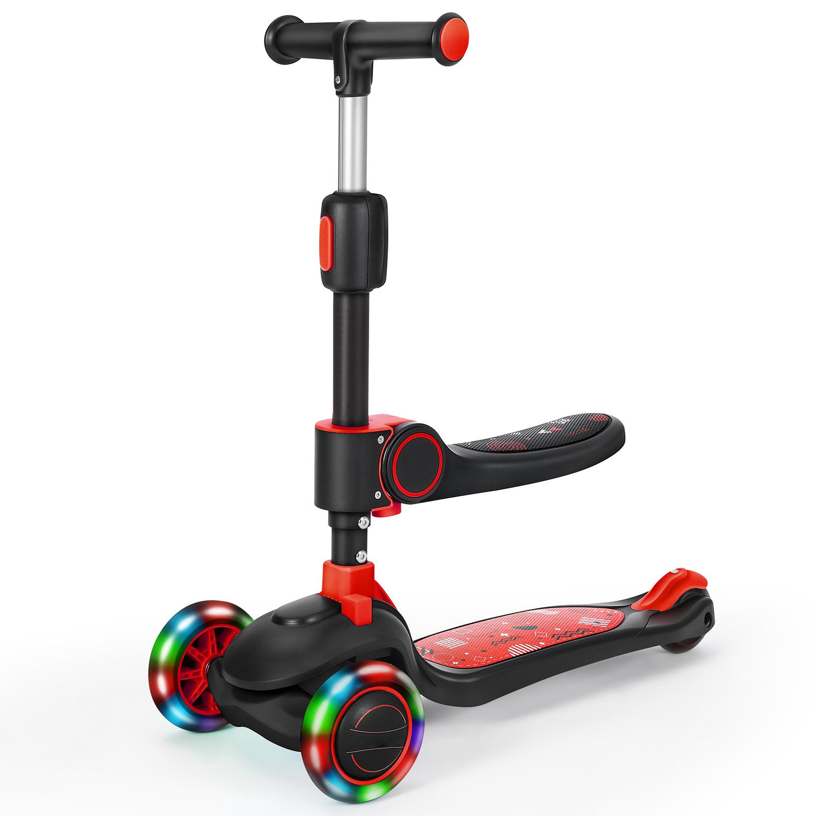 OUNUO Dreiradscooter 1009 Kinderroller mit LED und Sitz, höhenverstellbar, für 2 Jahren ab