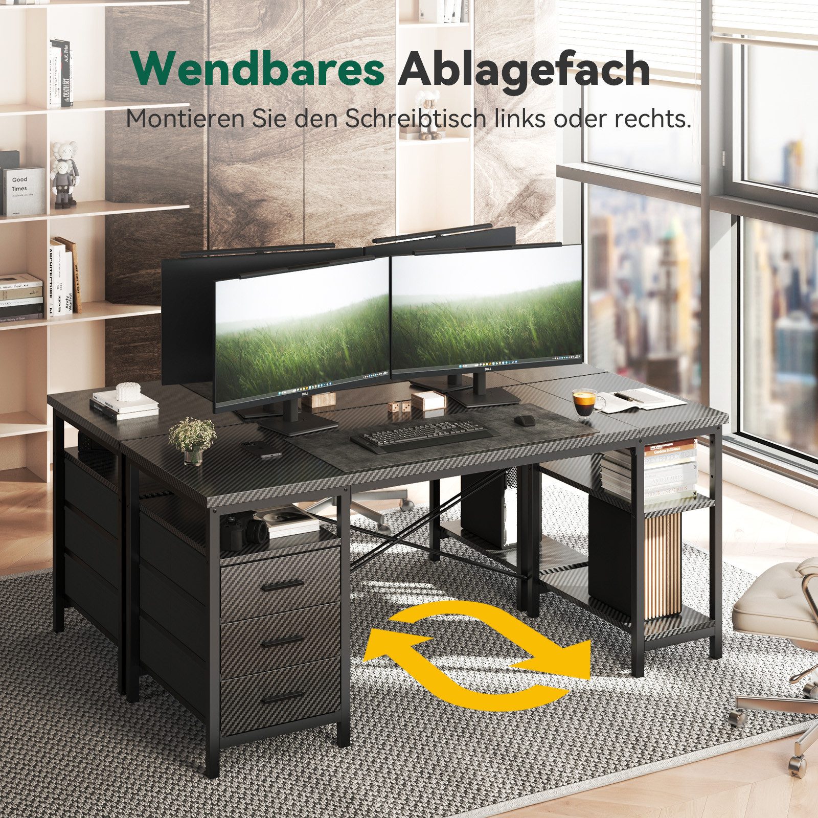 Patbrela Schreibtisch 120/140/160x60x75cm Umkehrbarer PC Tisch, Bürotisch Moderner Stil, Schreibtisch mit 3 Schubladen und 3 Justierbaren Regalen