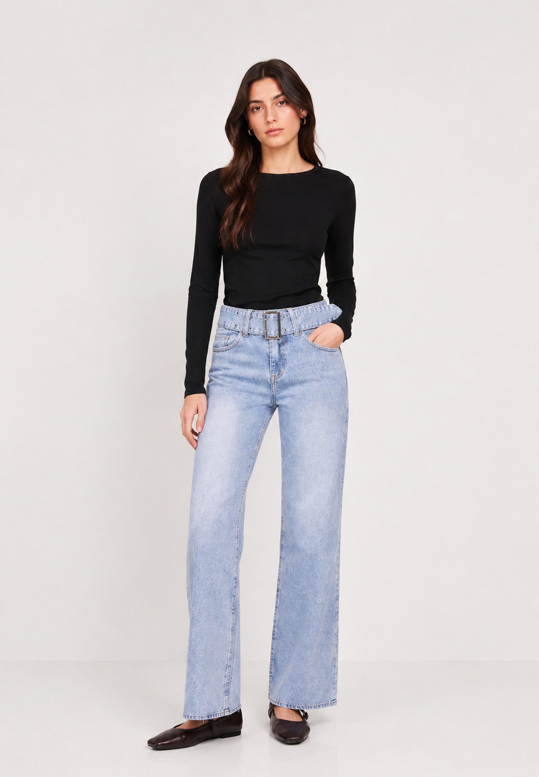 GIRL VIVI Regular-fit-Jeans Damen High-Waist Wide-Leg Jeans mit Gürtel und feinem Strukturmuster (1-tlg) High Waist
