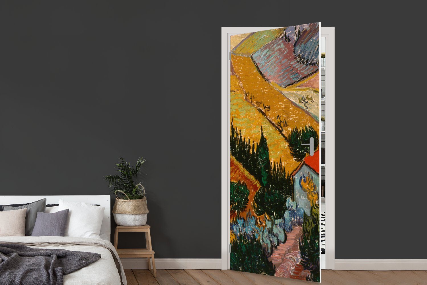 Ackerbauern einem Matt, Vincent - Gogh, einem St), Landschaft Haus MuchoWow van cm Türtapete 75x205 mit und Fototapete Tür, Türaufkleber, für bedruckt, (1