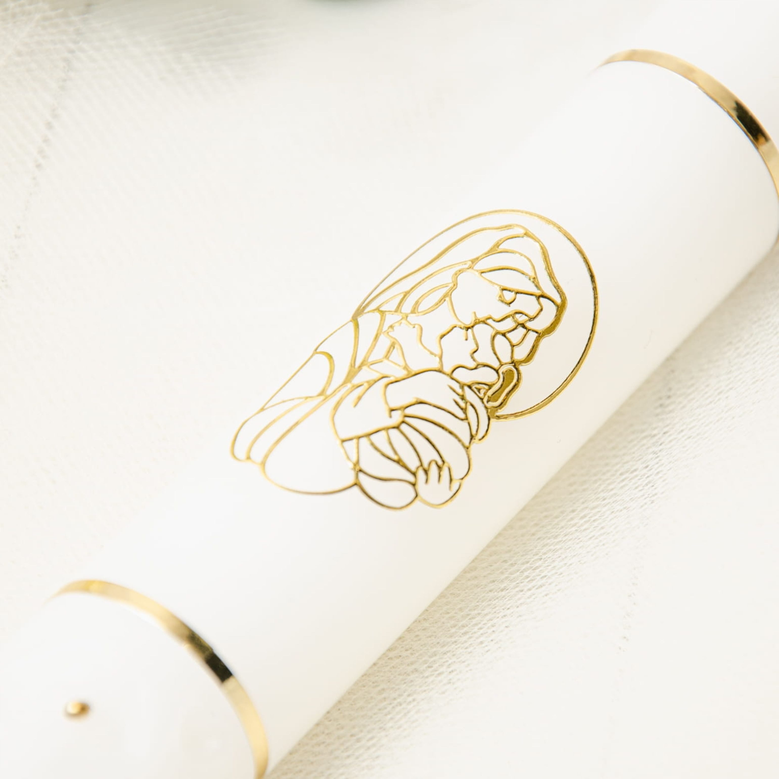 Sacramenta Taufkarte Taufkerze Gromnica 40cm – Handverziert, Weiß-Gold, Marienmotiv