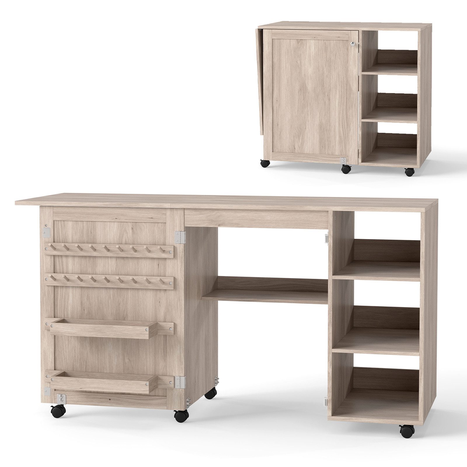 COSTWAY Schreibtisch, 2 in 1 Nähtisch klappbar, mit Ablage, auf Rollen, weiß