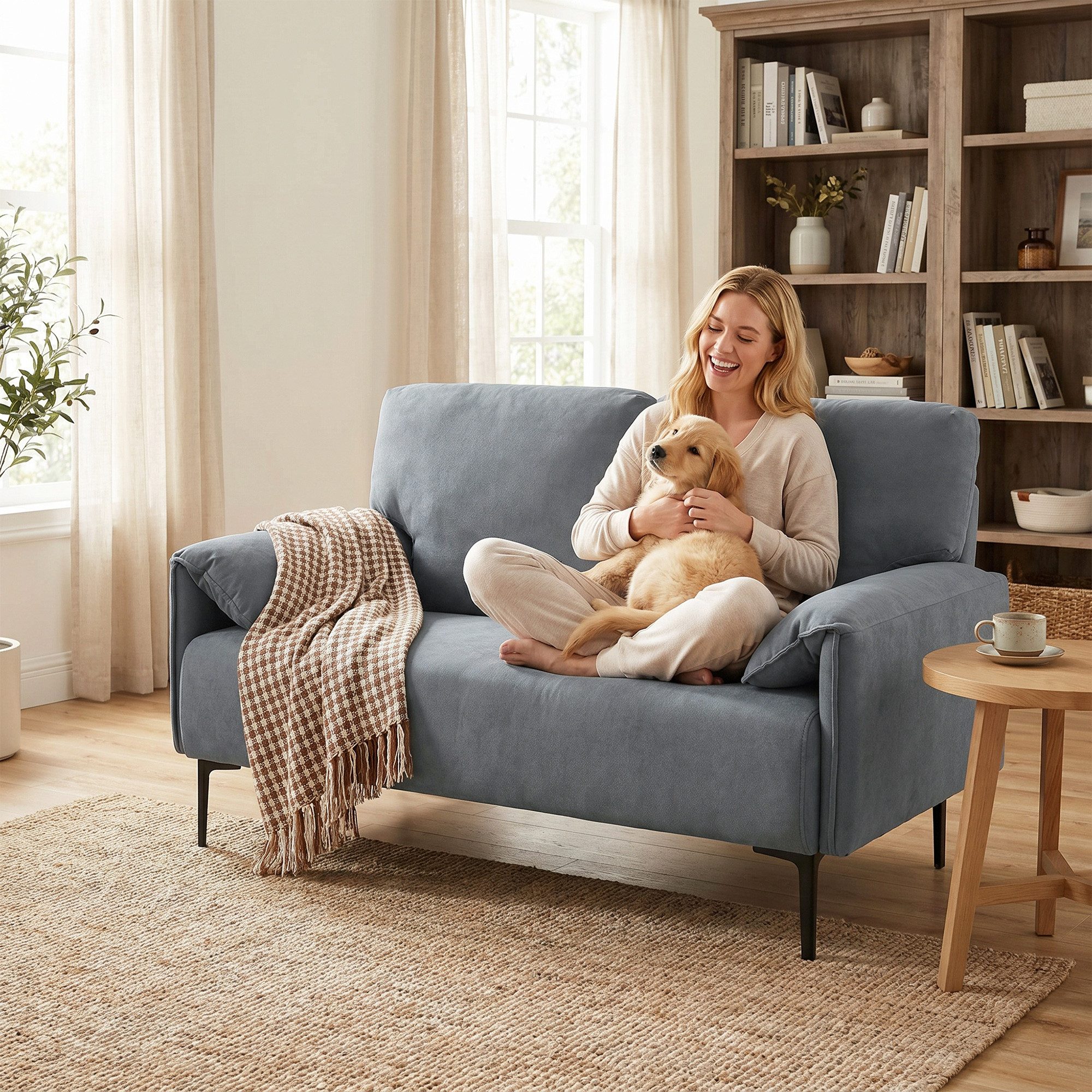 HOMCOM 2-Sitzer Sofa 127 Gepolstert Armlehne, Samtoptik, Loungesofa Kleine Räume, Couch 1 Teile, für Wohnzimmer, Schlafzimmer, Metallrahmen, Grau – Bild 5 von 5